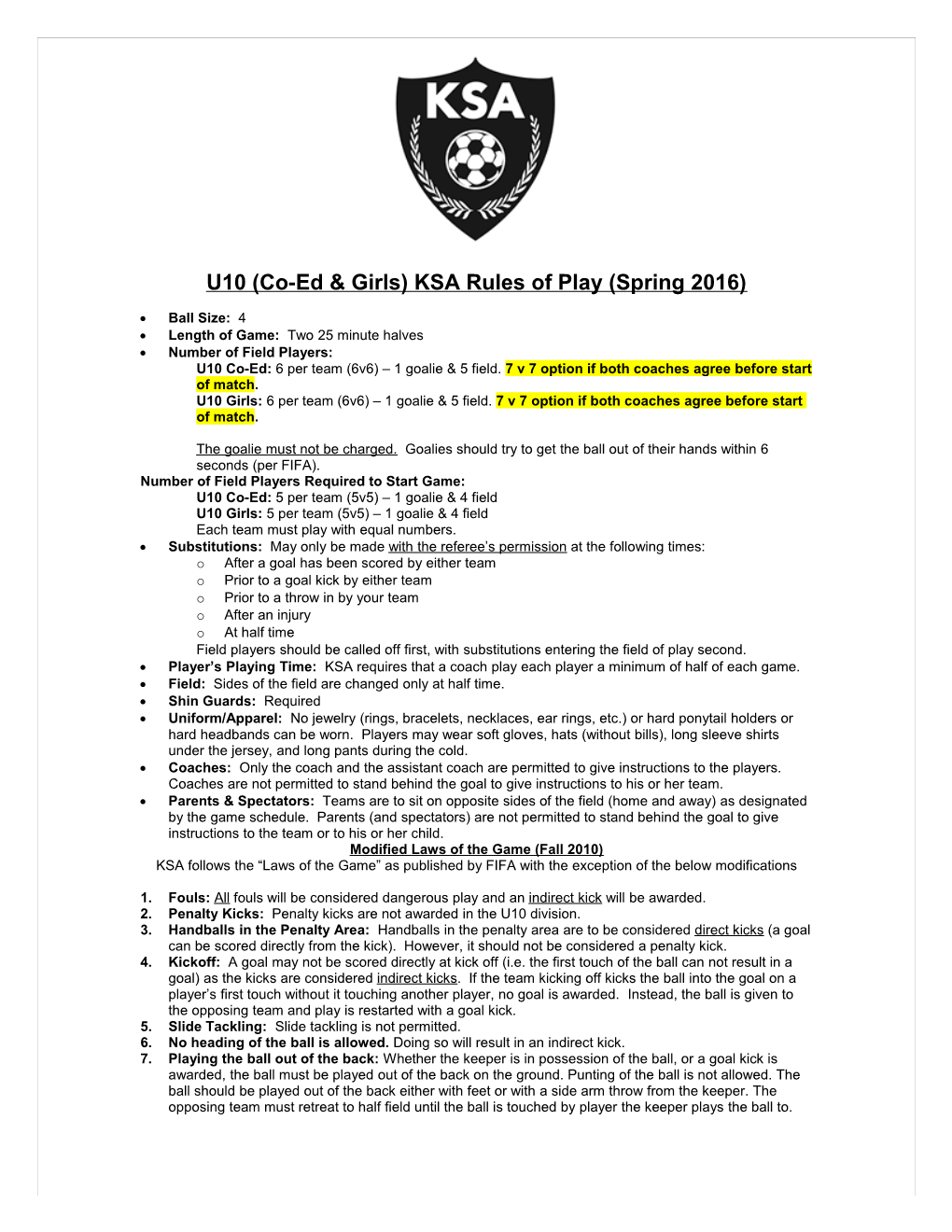 U6 Laws of the Game (KSA Specific)
