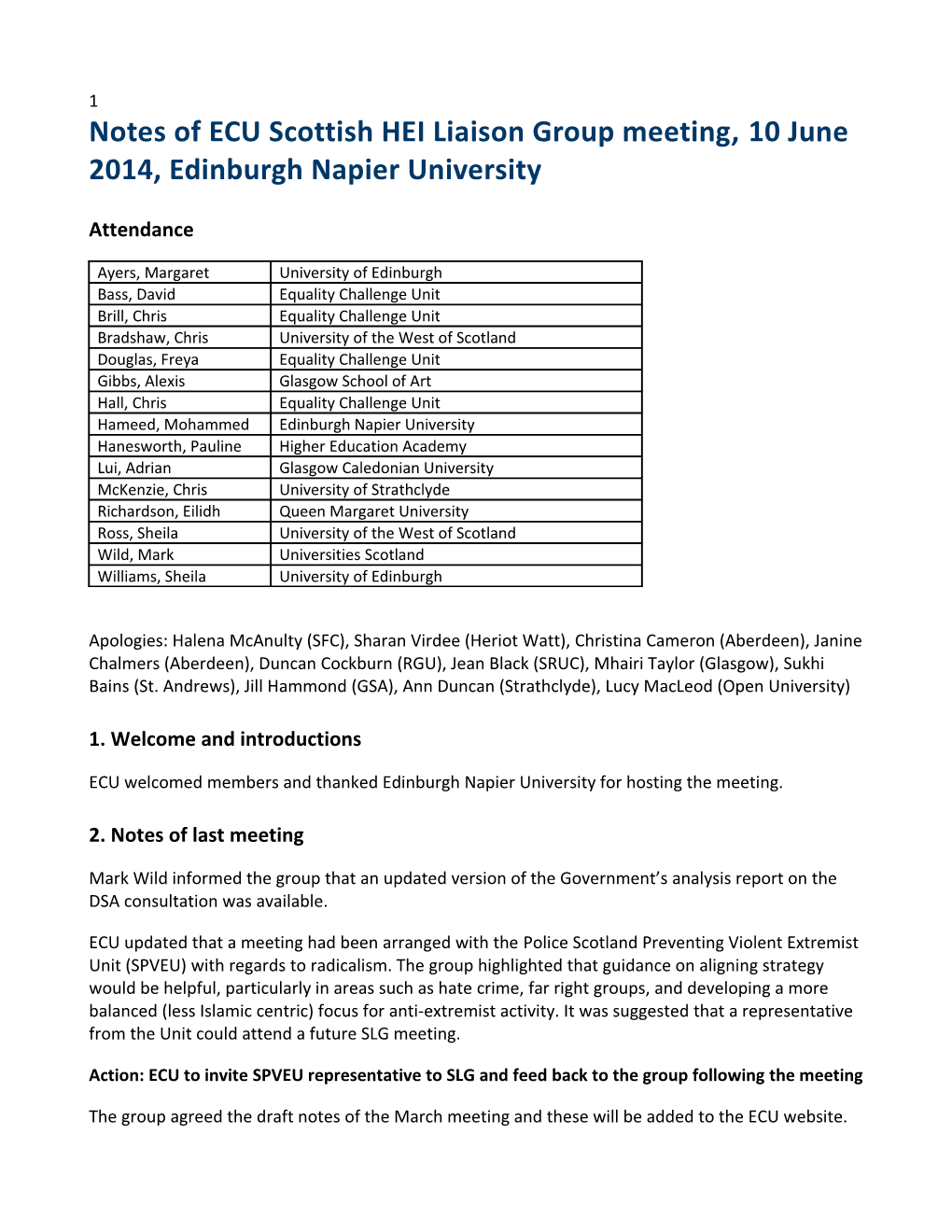 Notes of ECU Scottish HEI Liaison Group Meeting, 10 June 2014,Edinburgh Napier University