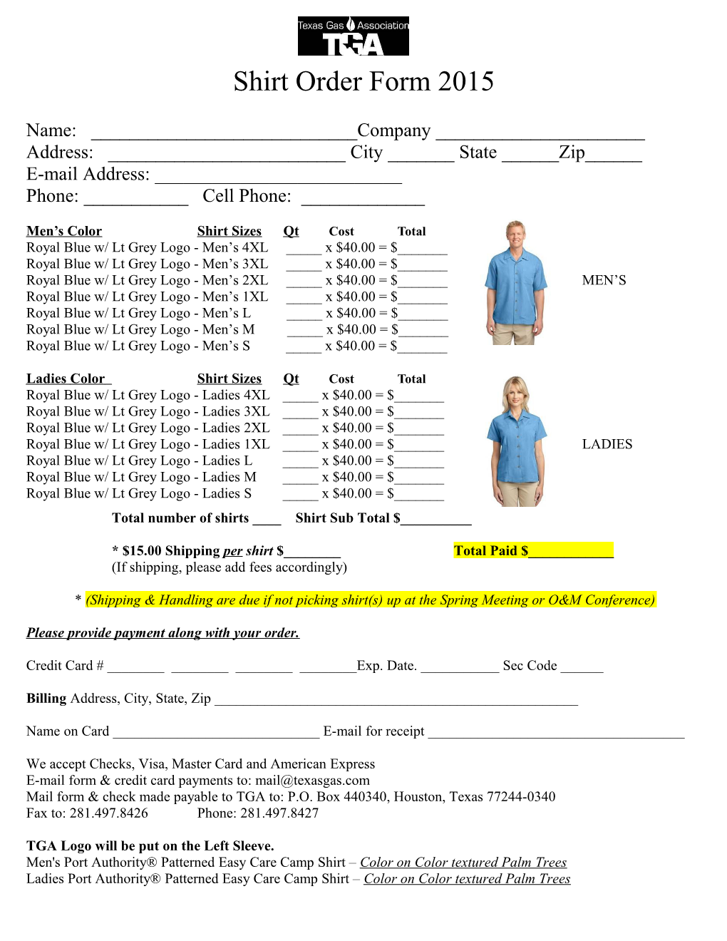 TGA Shirt Order Form 2007