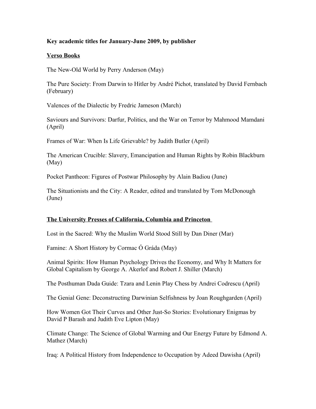 Key Academic Titles for January-June 2009, by Publisher