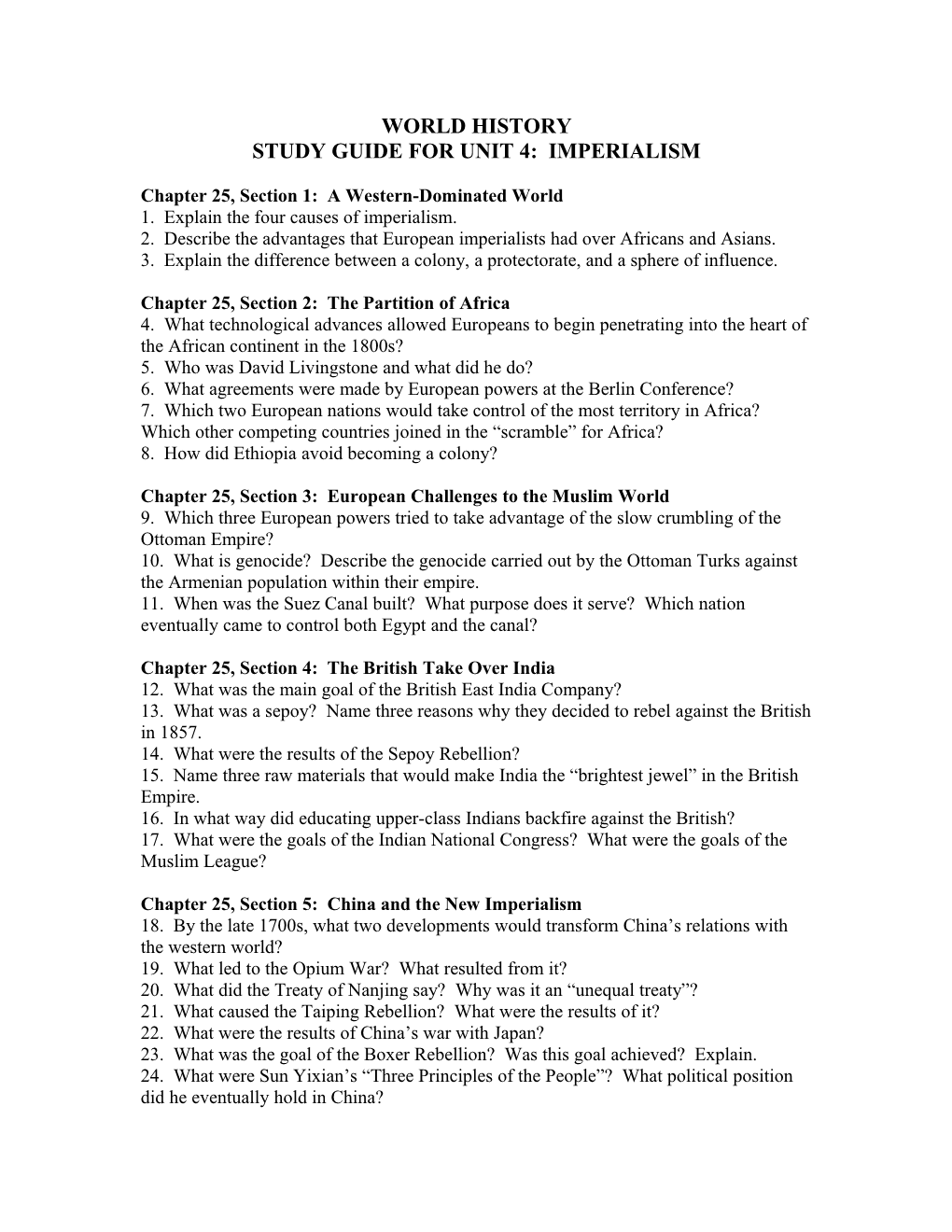 Study Guide for Unit 4: Imperialism