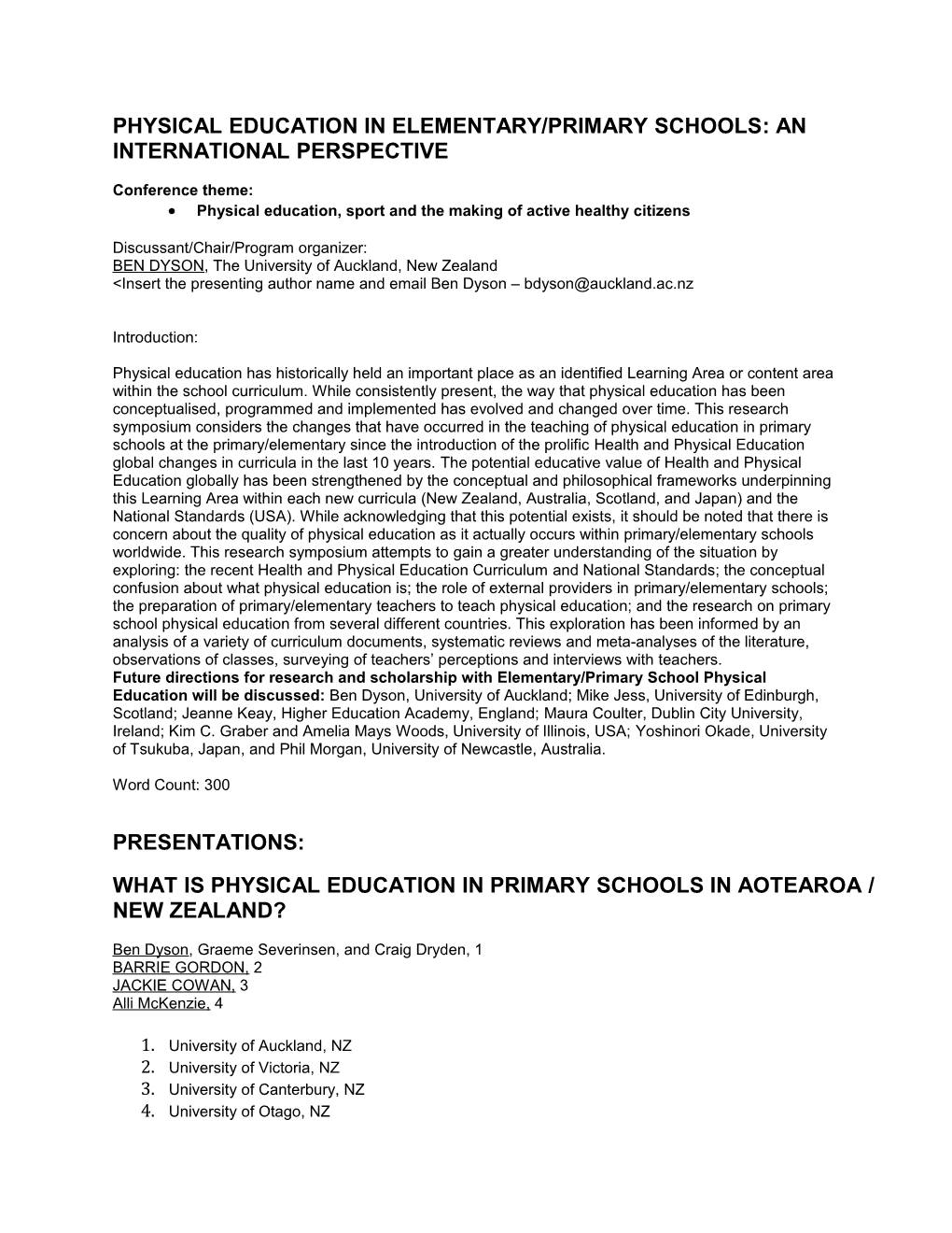 Physical Education in Elementary/Primary Schools: an International Perspective