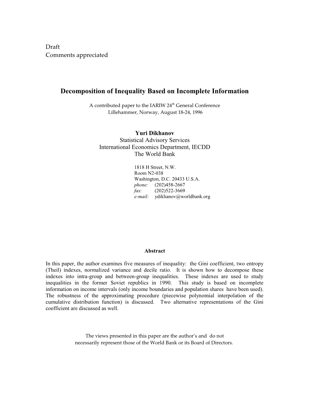 Decomposition of GINI - Coefficient