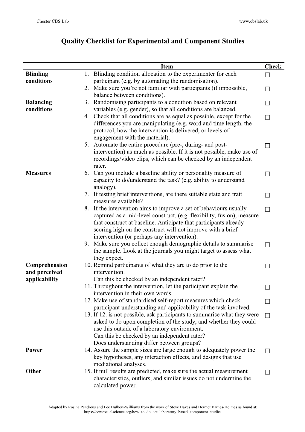 Quality Checklist for Experimental and Component Studies