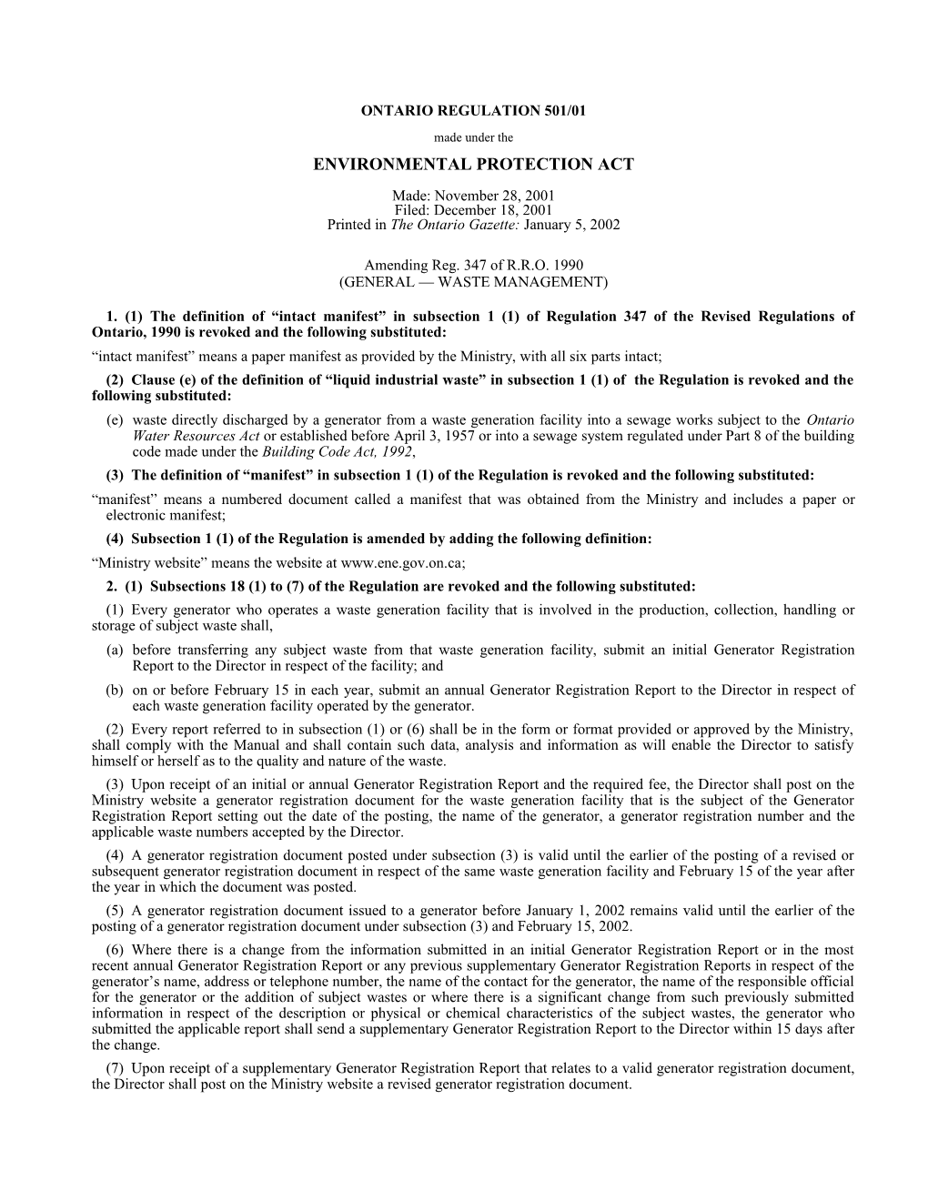 ENVIRONMENTAL PROTECTION ACT - O. Reg. 501/01