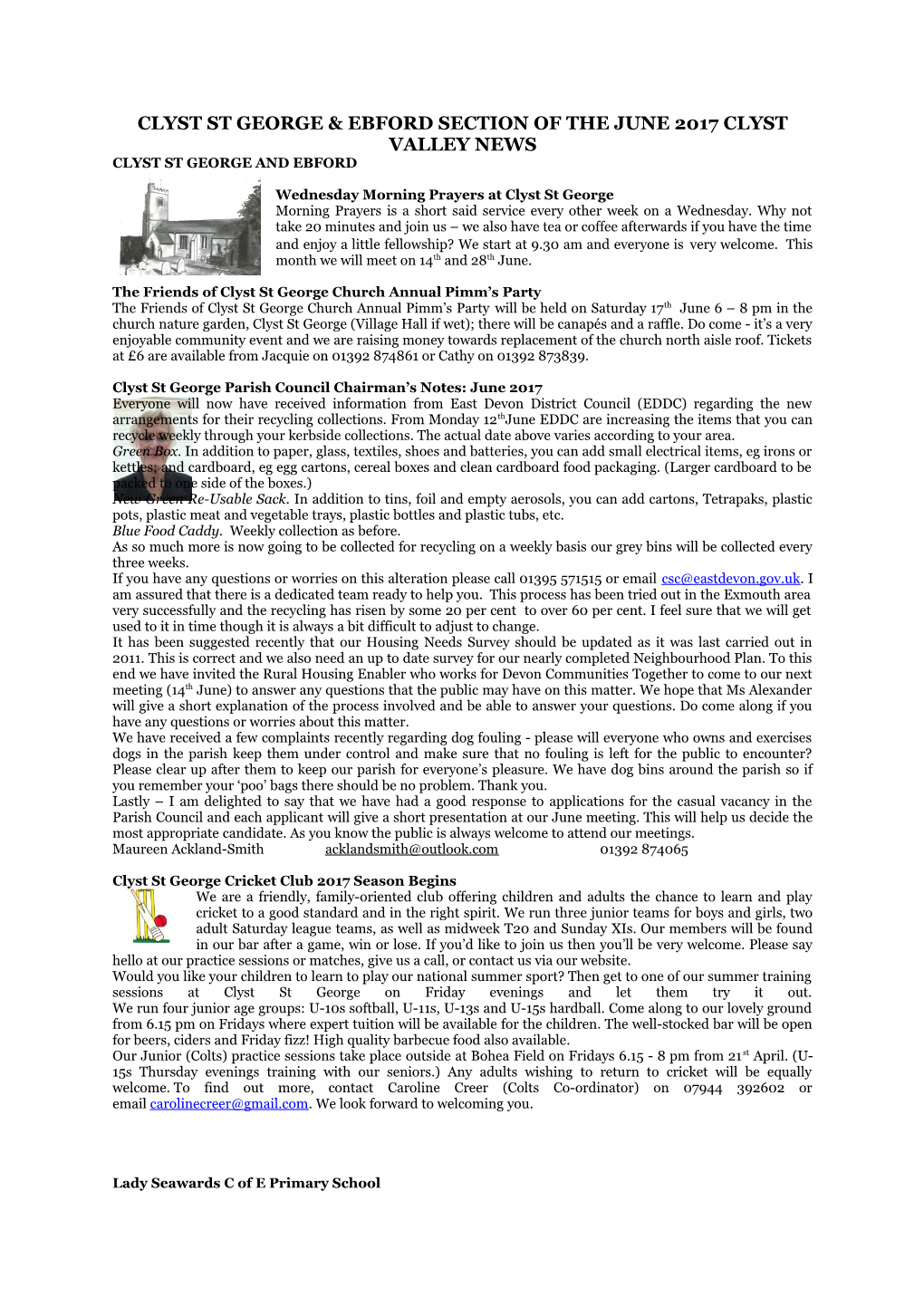 Clyst St George & Ebford Section of the June 2017 Clyst Valley News