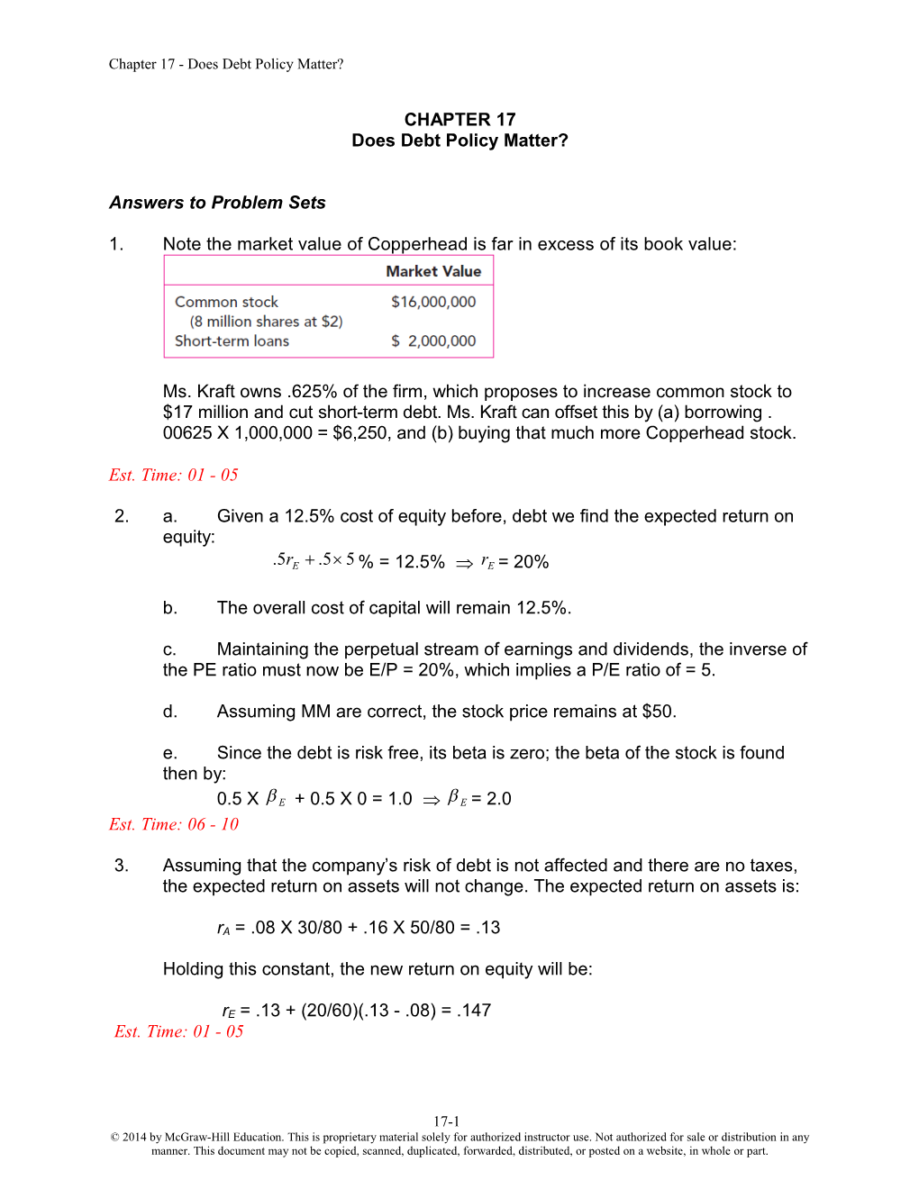 Chapter 17 - Does Debt Policy Matter?