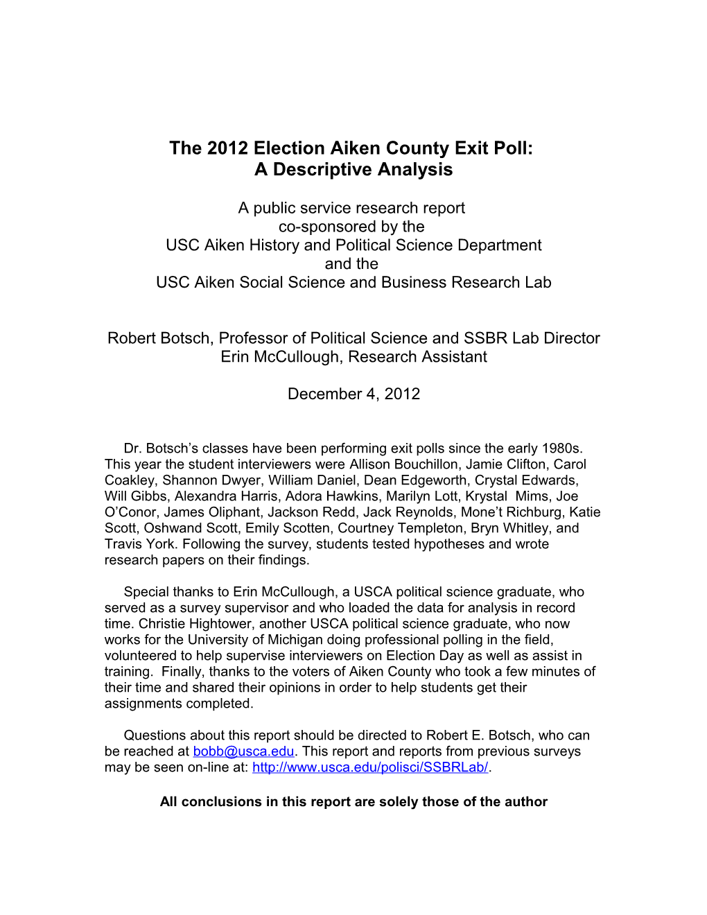 The 2008 Election Aiken County Exit Poll