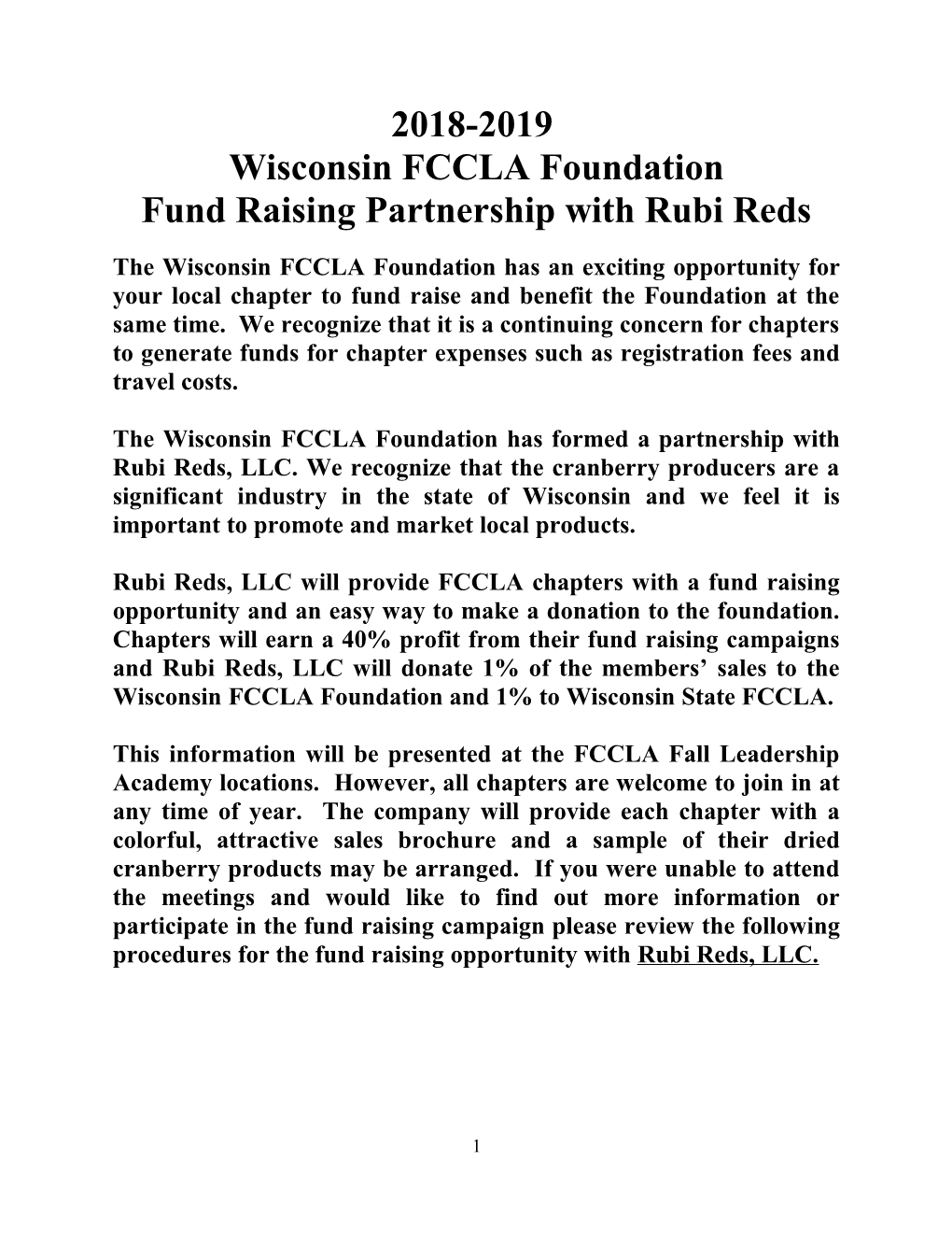 Wisconsin FCCLA Foundation Fundraiser Partnership with Rubi Reds Flyer