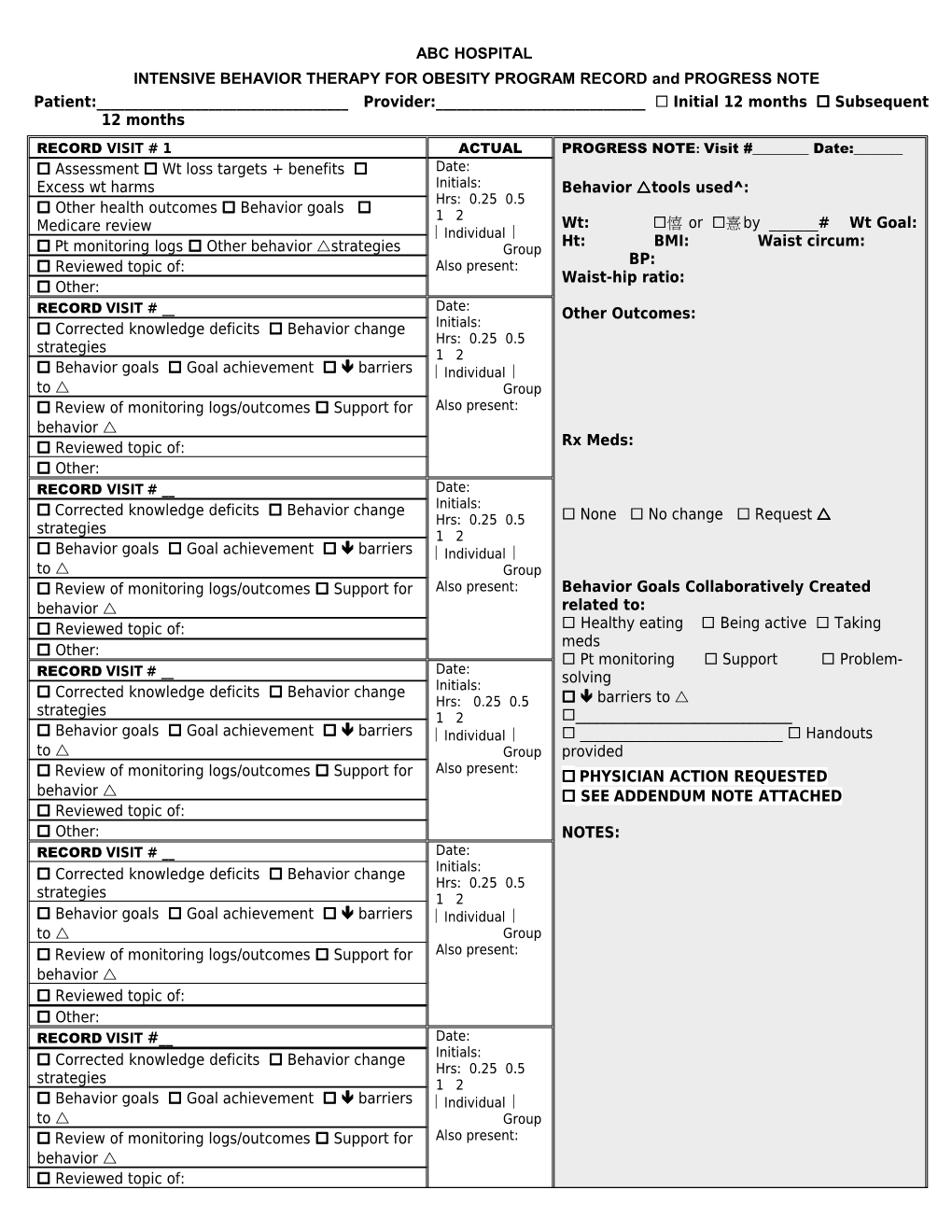 INTENSIVE BEHAVIOR THERAPY for OBESITY PROGRAM RECORD and PROGRESS NOTE