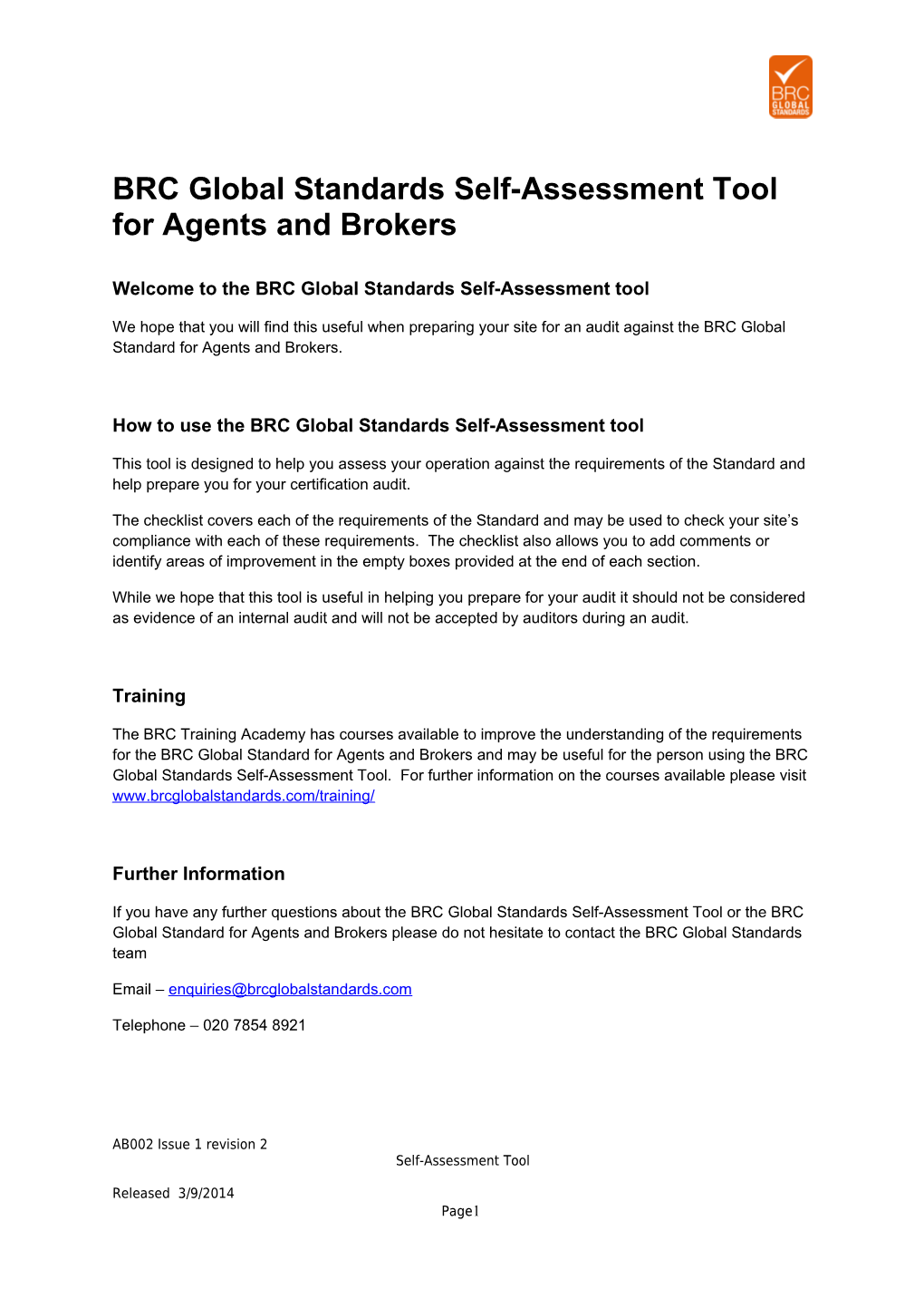 BRC Global Standards Self-Assessment Tool for Agents and Brokers