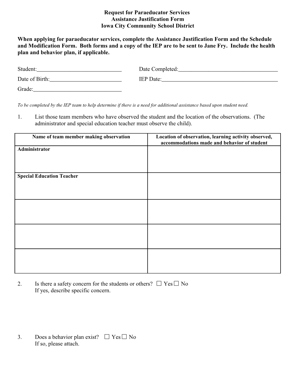 Request for Paraeducator Services Form