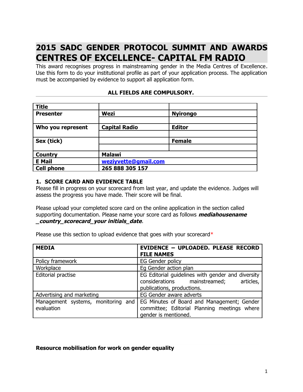 2015 Sadc Gender Protocol Summit and Awards Centres of Excellence- Capital Fm Radio