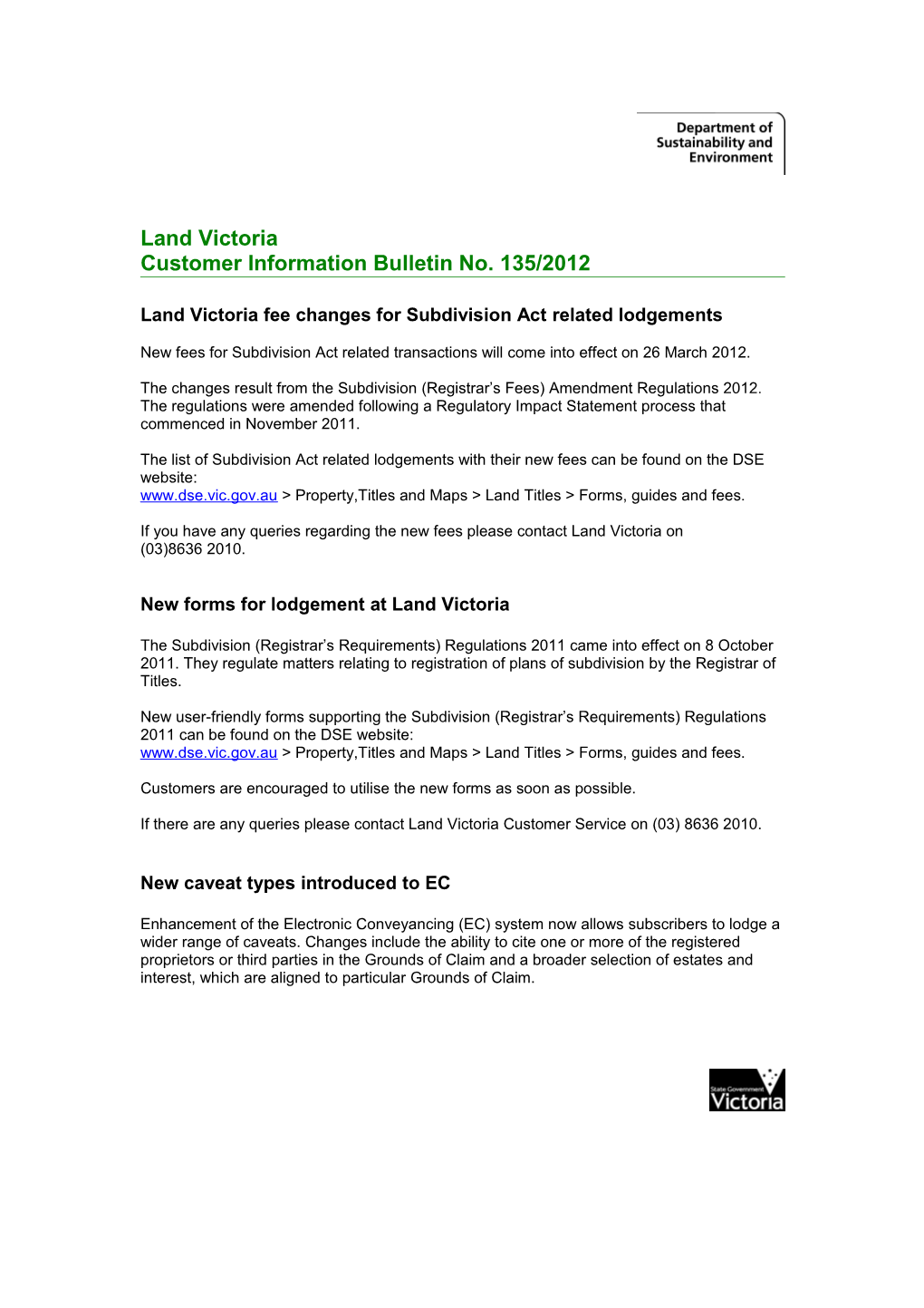 Land Victoria Fee Changes for Subdivision Act Related Lodgements