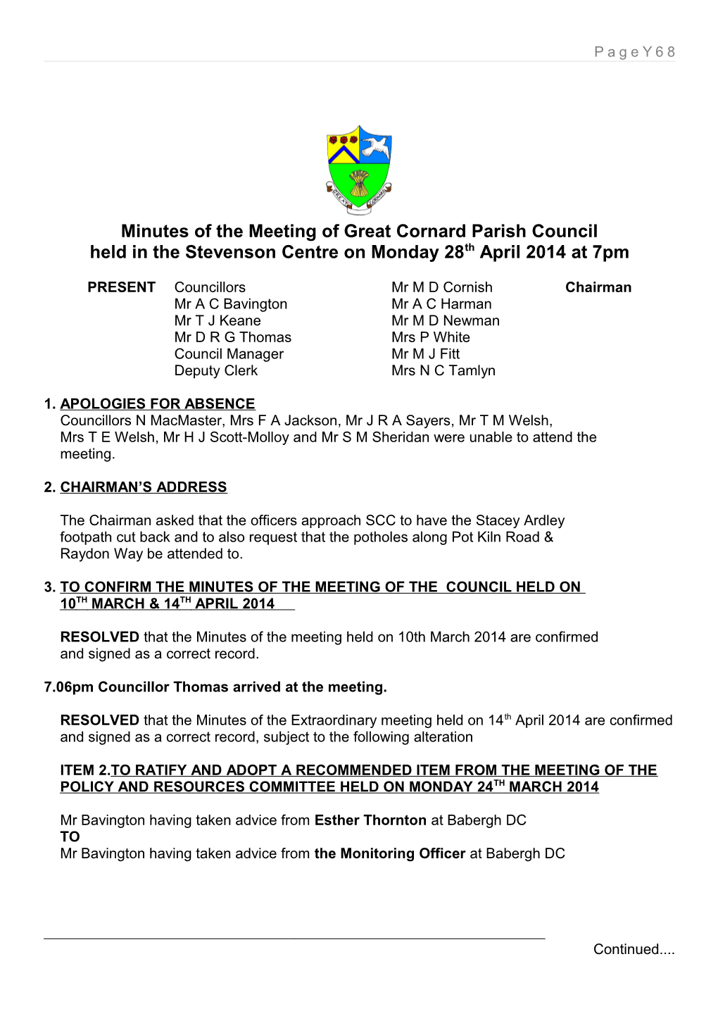 Minutes of the Meeting of Great Cornard Parish Council Held in the Stevenson Centre 12Th