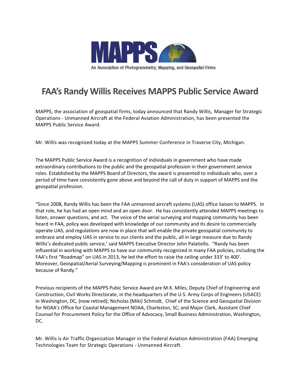 FAA S Randy Willis Receives MAPPS Public Service Award
