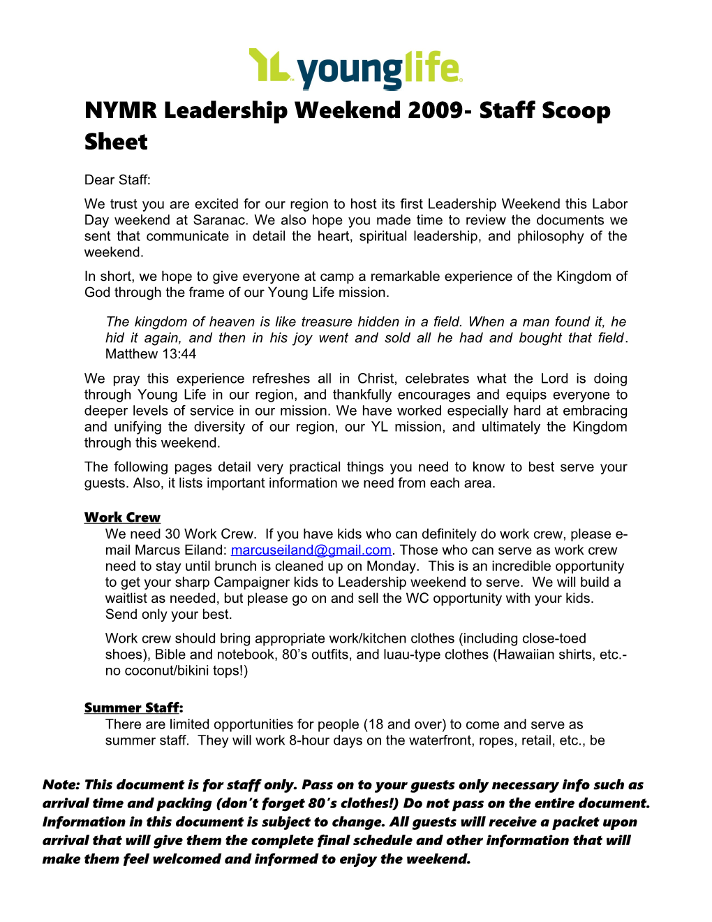 NYMR Leadership Weekend 2009- Staff Scoop Sheet