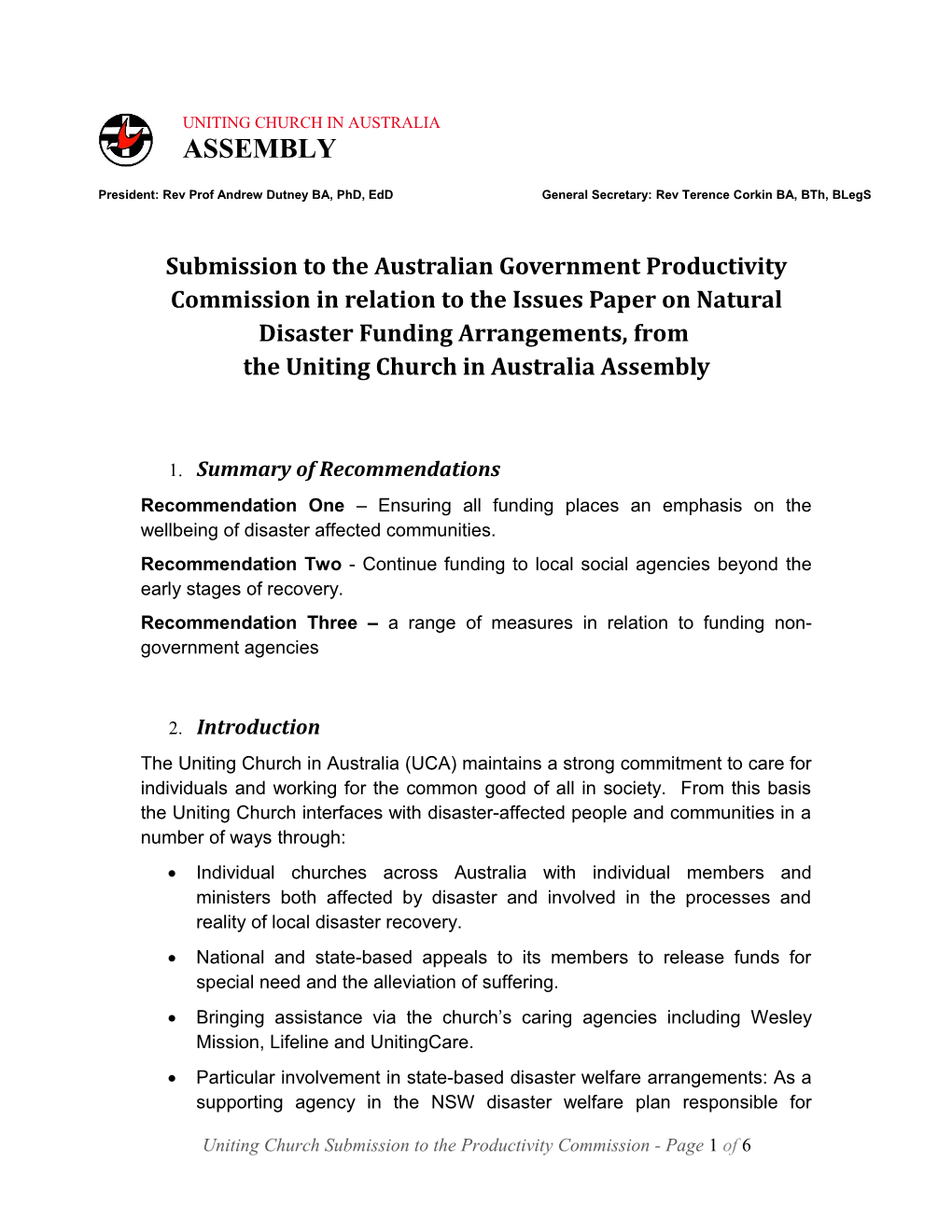 Submission 46 - Uniting Church in Australia Assembly - Natural Disaster Funding - Public Inquiry