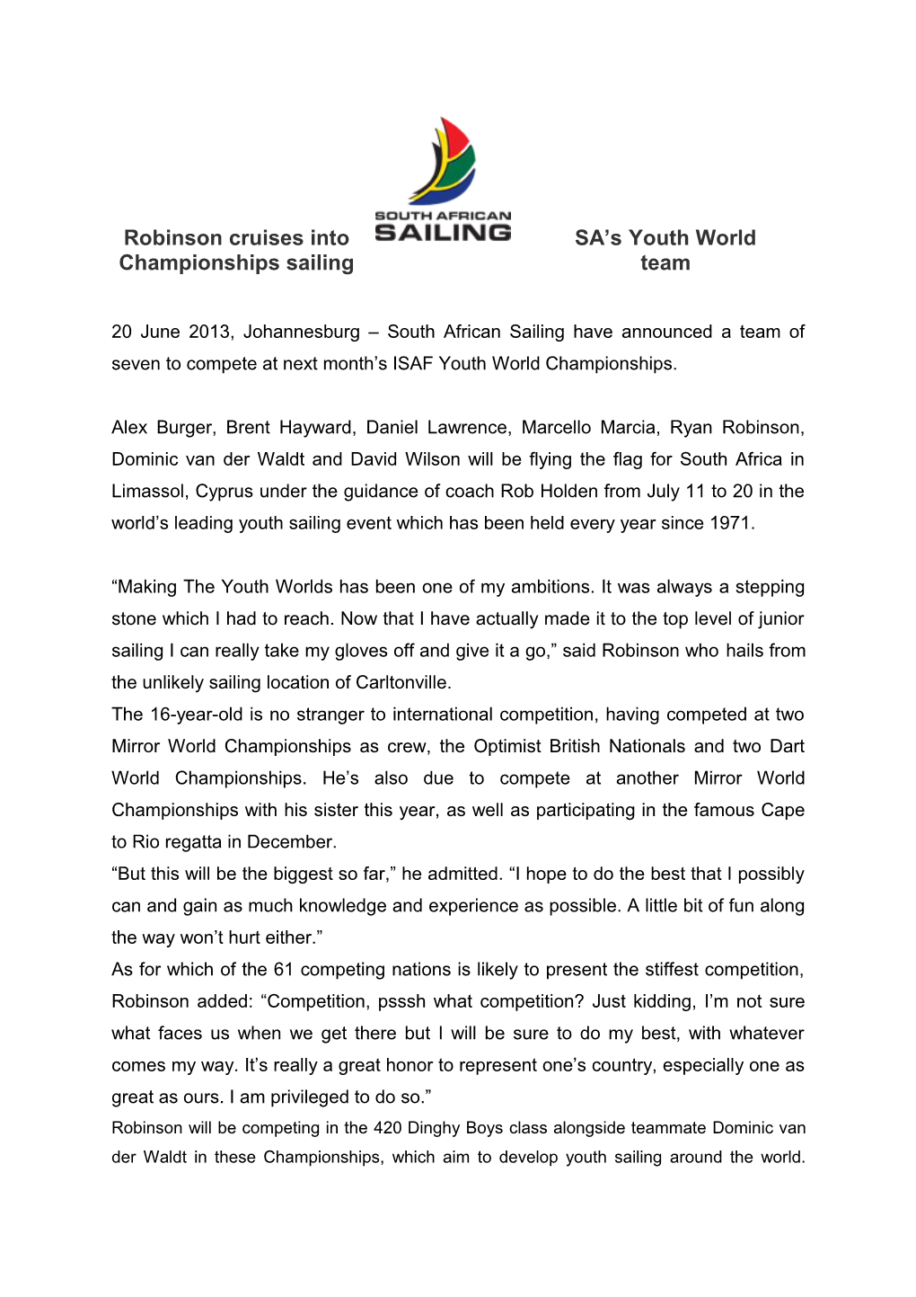 Robinson Cruises Into SA S Youth World Championships Sailing Team
