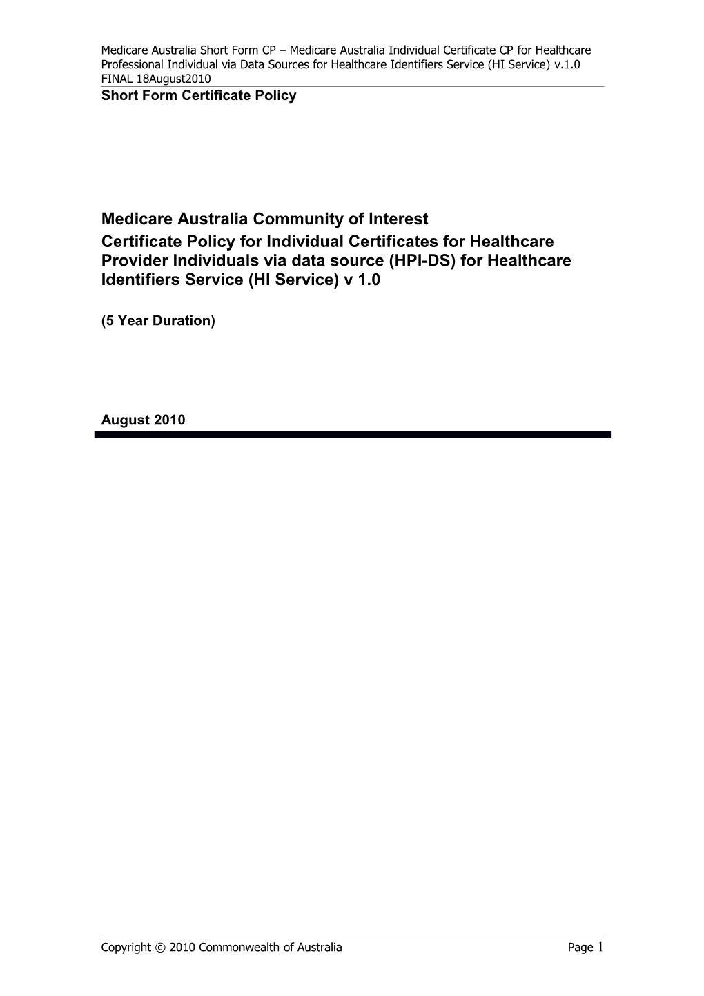 Medicare Australia Community of Interest Certificate Policy for Individual Certificates