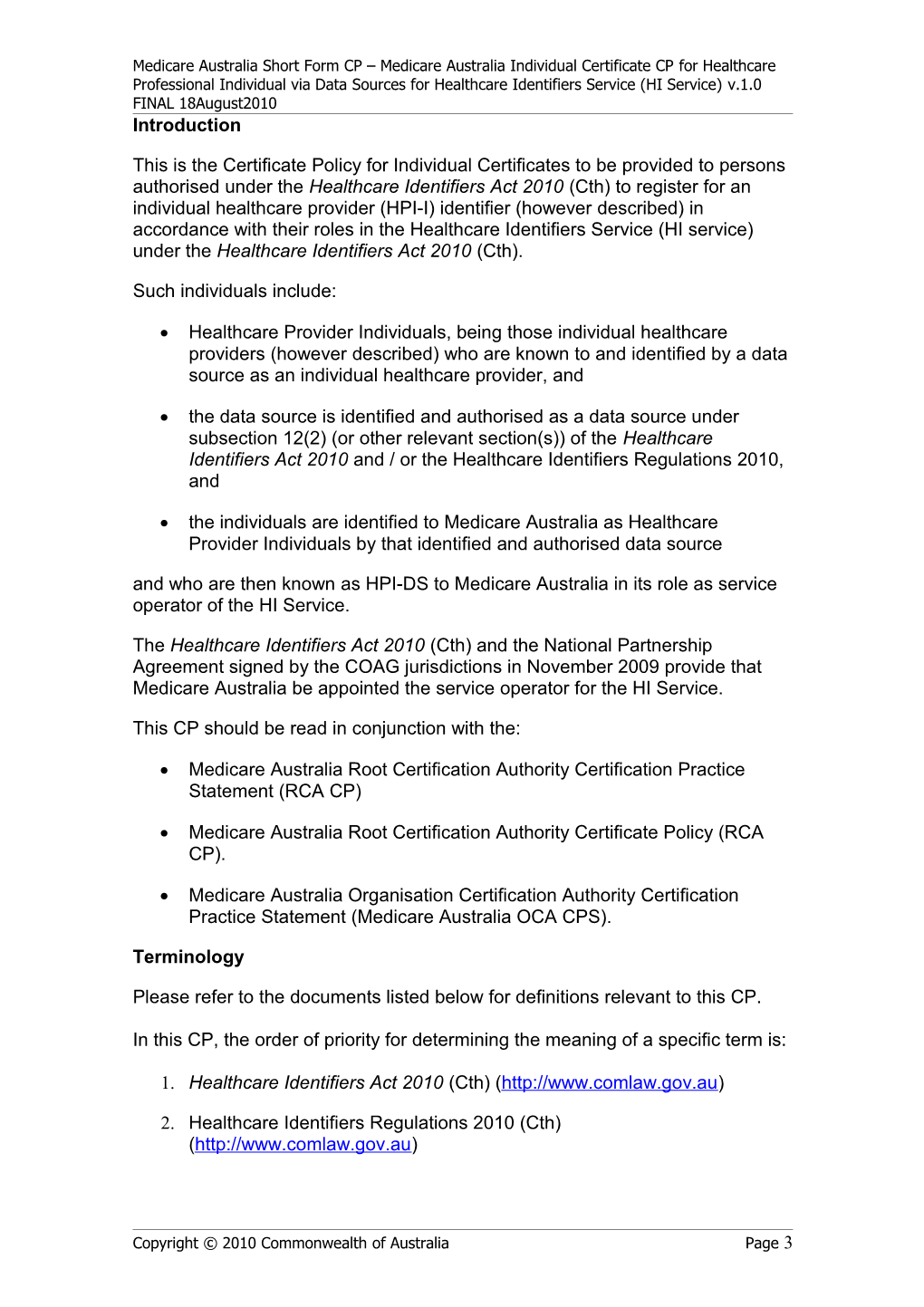 Medicare Australia Community of Interest Certificate Policy for Individual Certificates