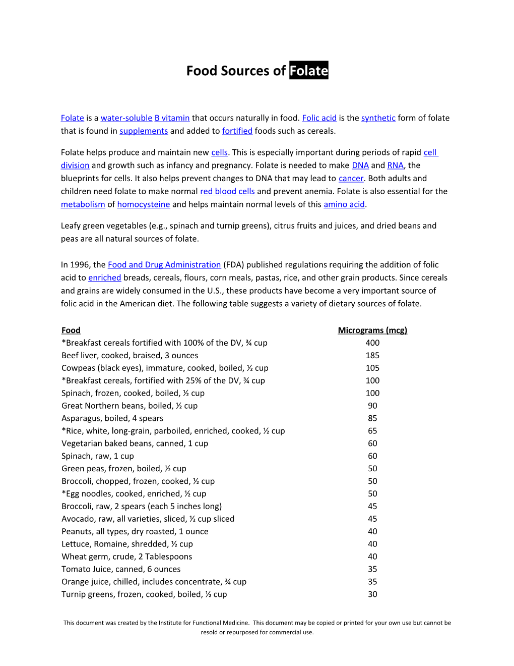 Food Sources of Folate