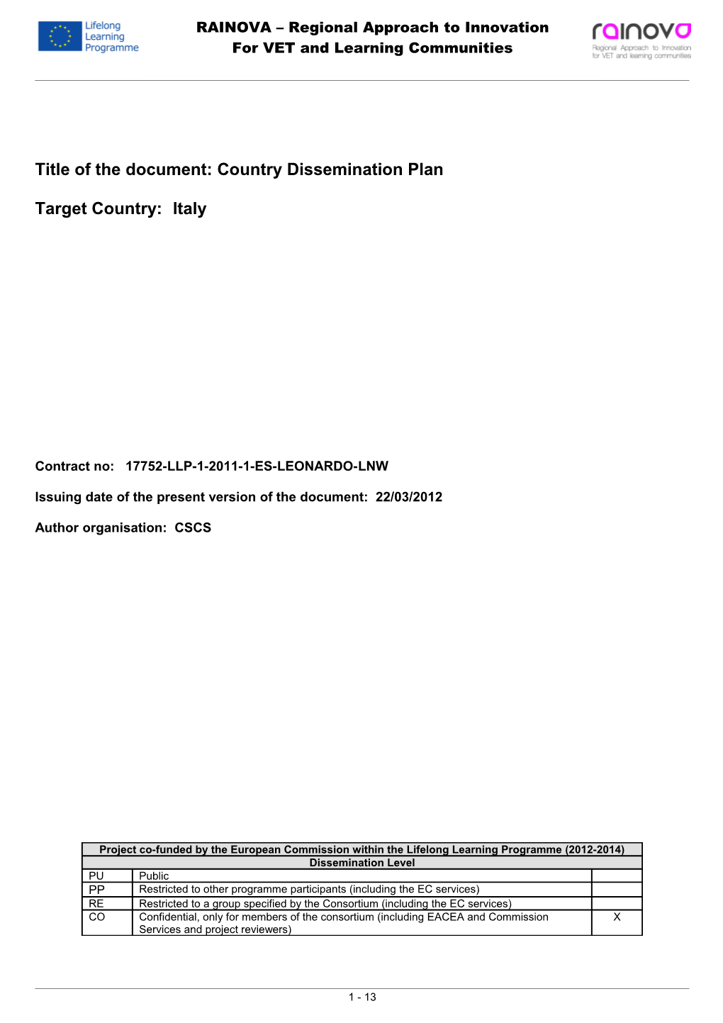 Title of the Document: Country Dissemination Plan