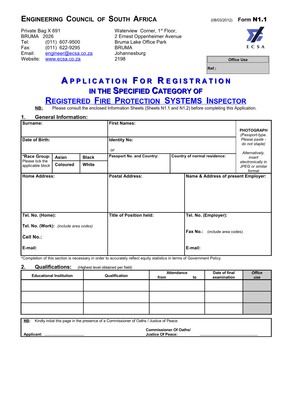 ENGINEERING COUNCIL of SOUTH AFRICA(08/03/2012) Form N1.1
