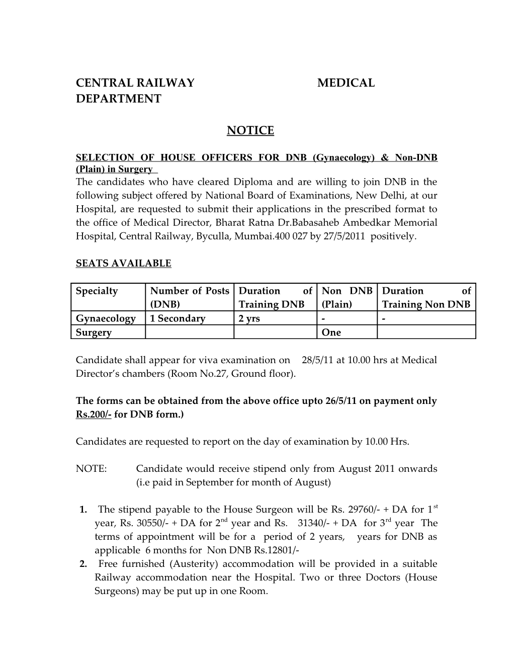 SELECTION of HOUSE OFFICERS for DNB (Gynaecology) & Non-DNB (Plain) in Surgery