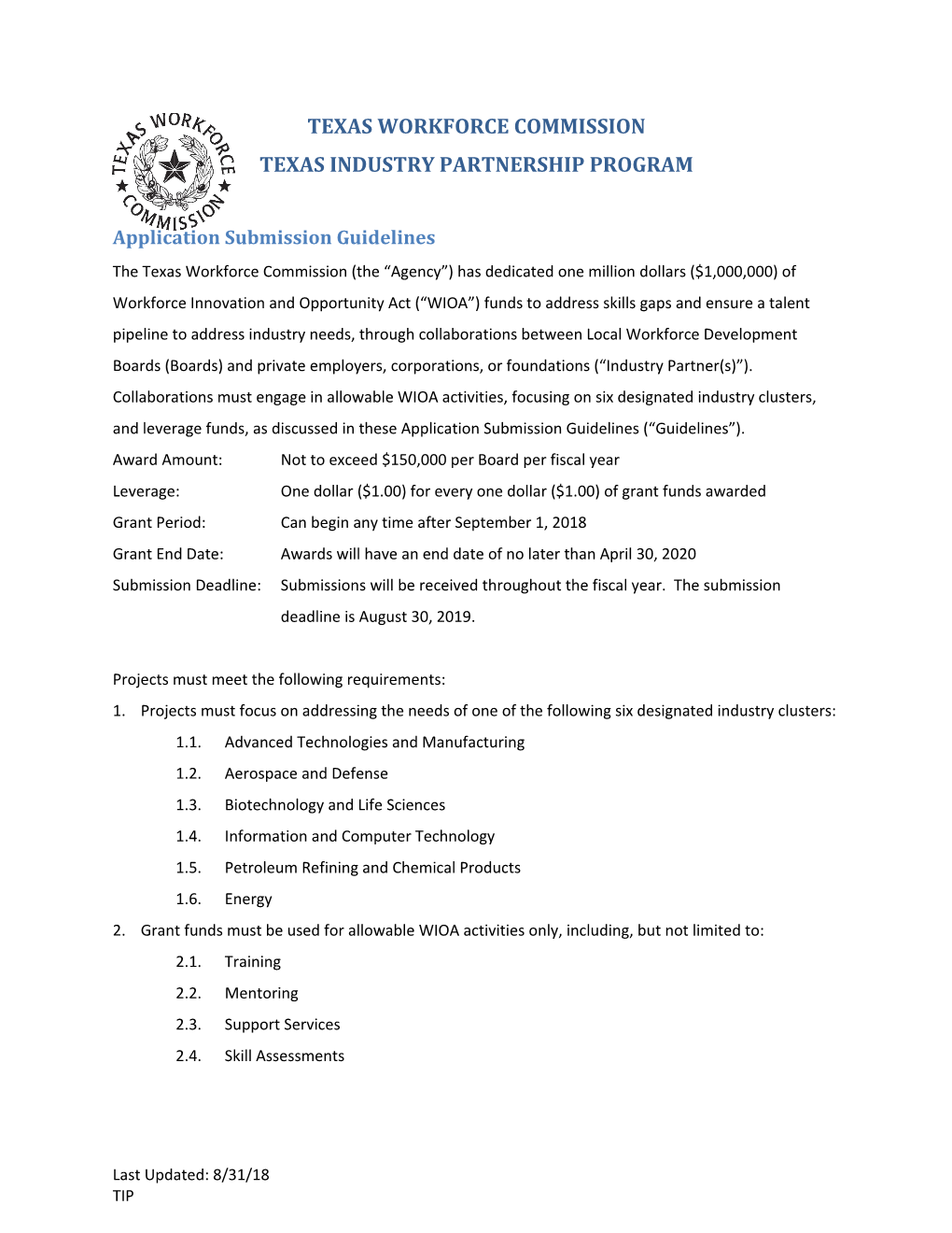 Texas Industry Partnership Program Application Guidelines & Form