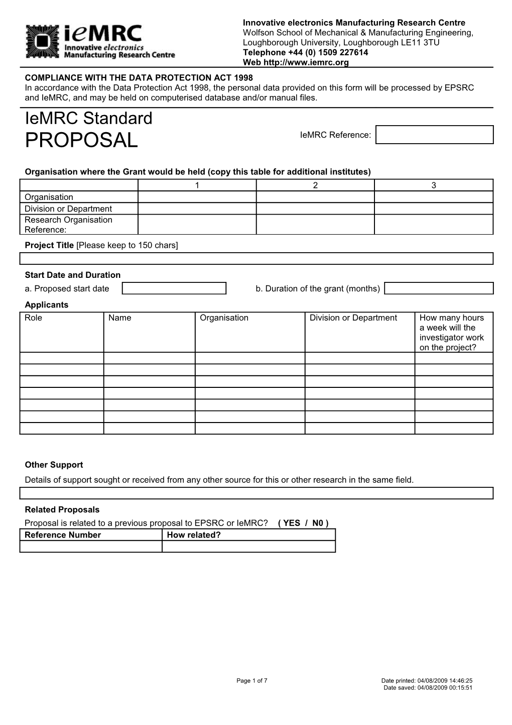 Organisation Where the Grant Would Be Held (Copy This Table for Additional Institutes)