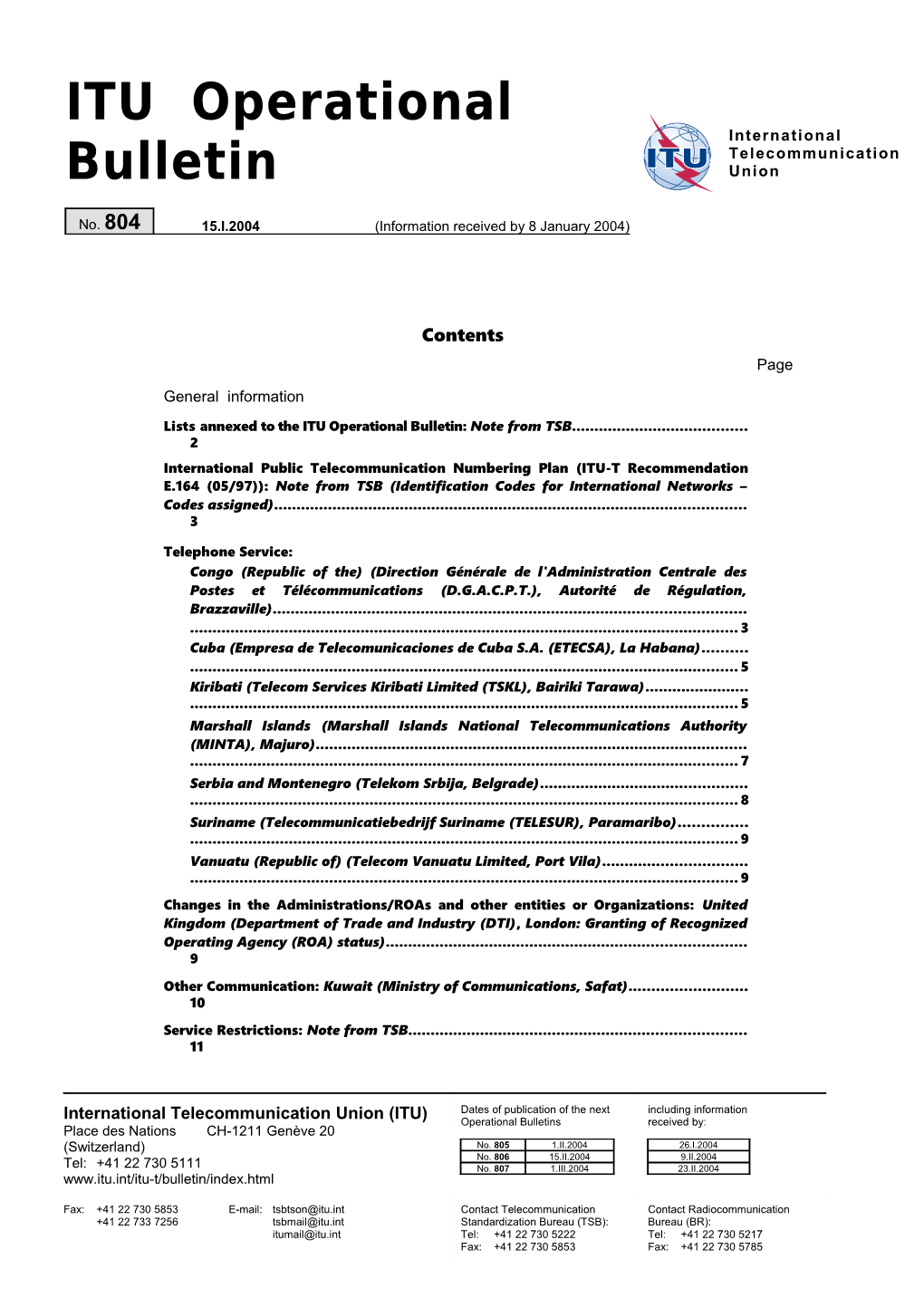 ITU Operational Bulletin No. 804 - 15.I.2003