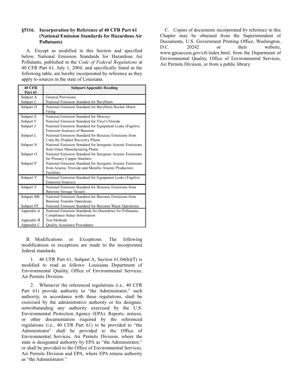 5116.Incorporation by Reference of 40 CFR Part 61 (National Emission Standards for Hazardous