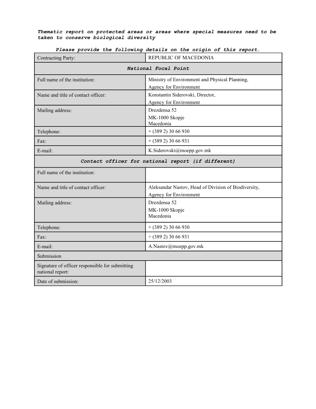 CBD Thematic Report on Protected Areas - Republic of Macedonia (English Version)