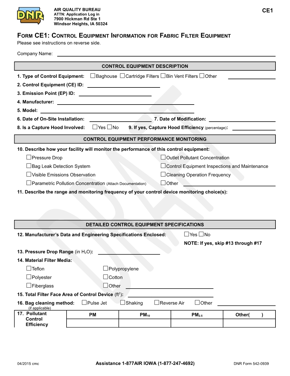 Instructions for Form CE1: Control Equipment Information for Fabric Filter Equipment