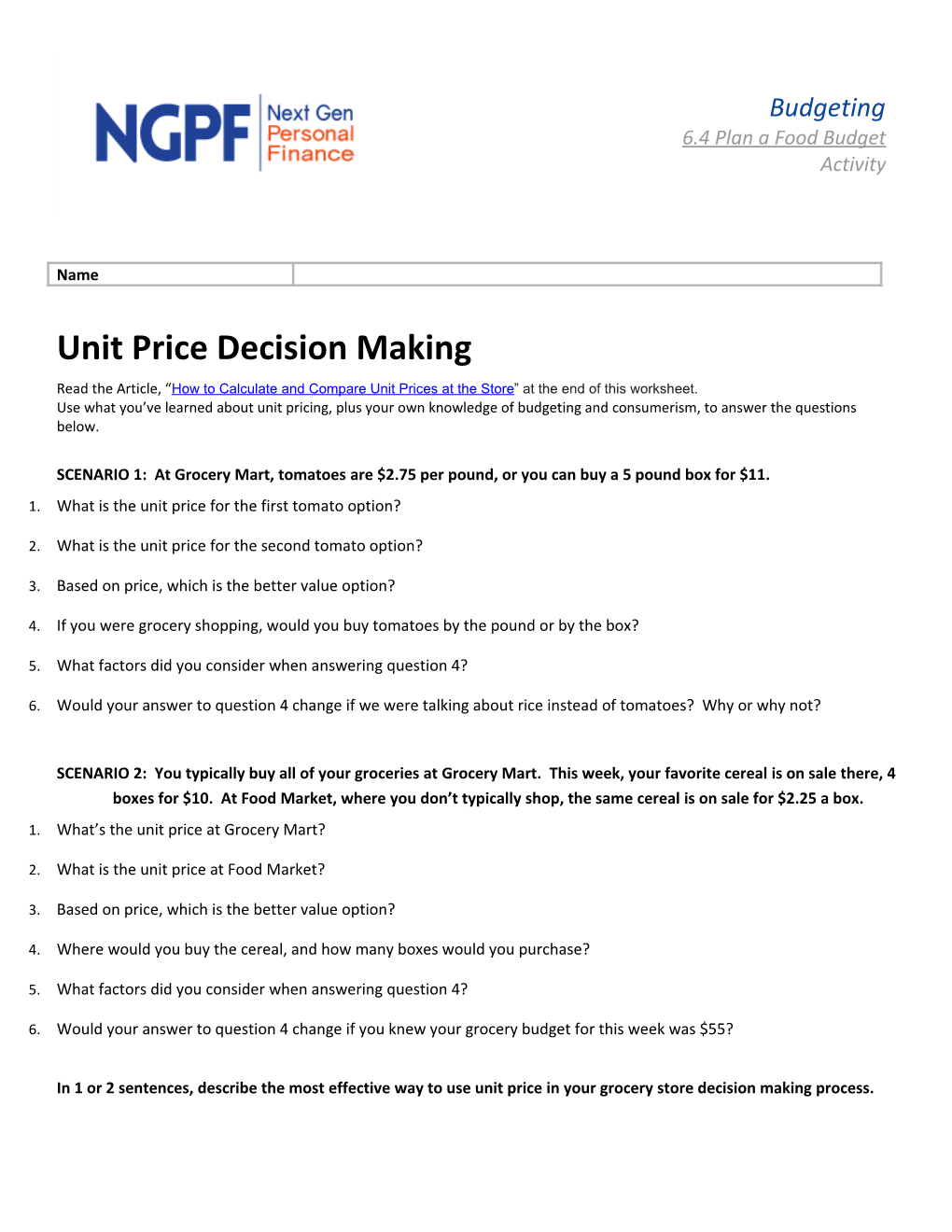 Unit Price Decision Making