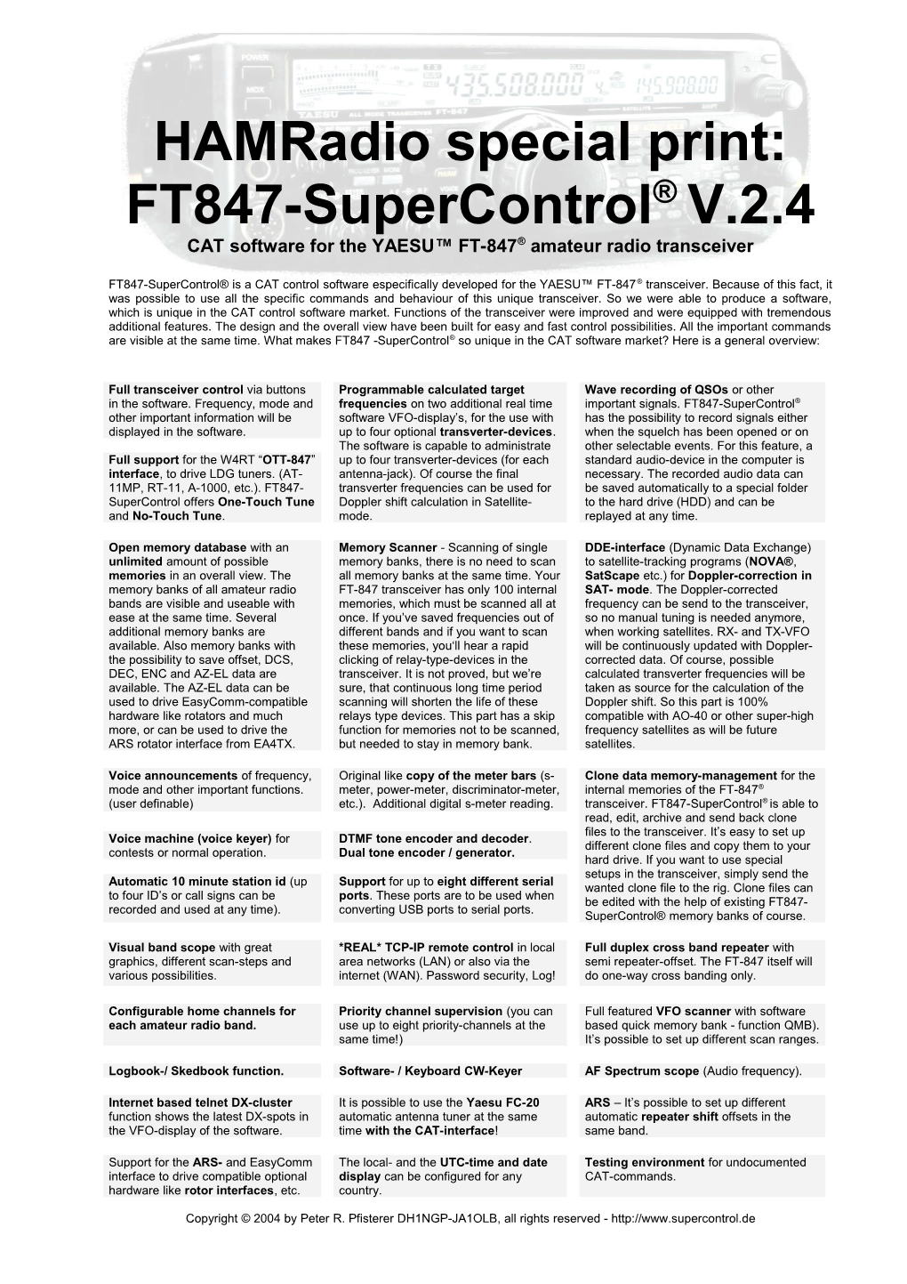 Hamradio Special Print:FT847-Supercontrol V.2.4CAT Software for the YAESU FT-847 Amateur