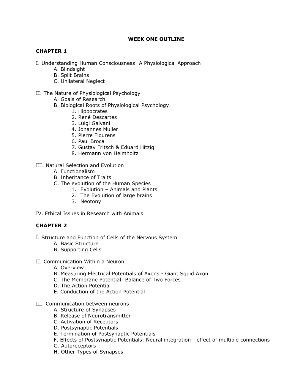 Physiology of Behavior Module One Outline