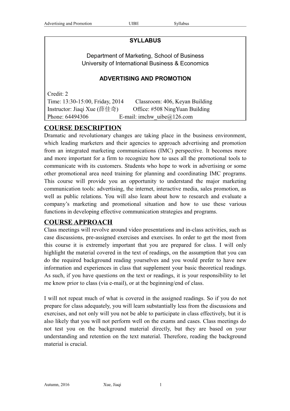 Advertising and Promotion UIBE Syllabus