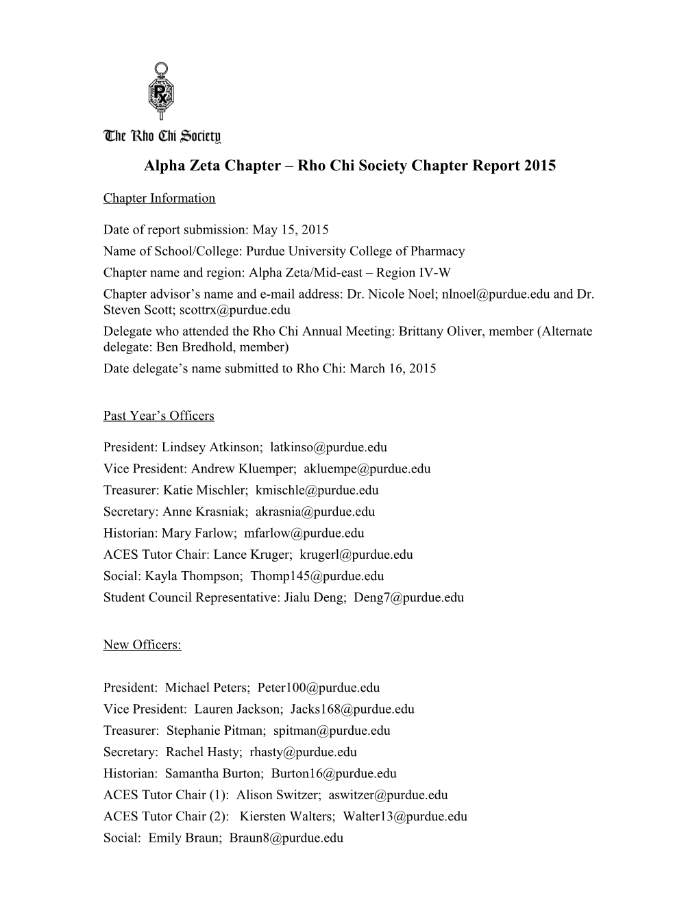 Alpha Zeta Chapter Rho Chi Society Chapter Report 2015