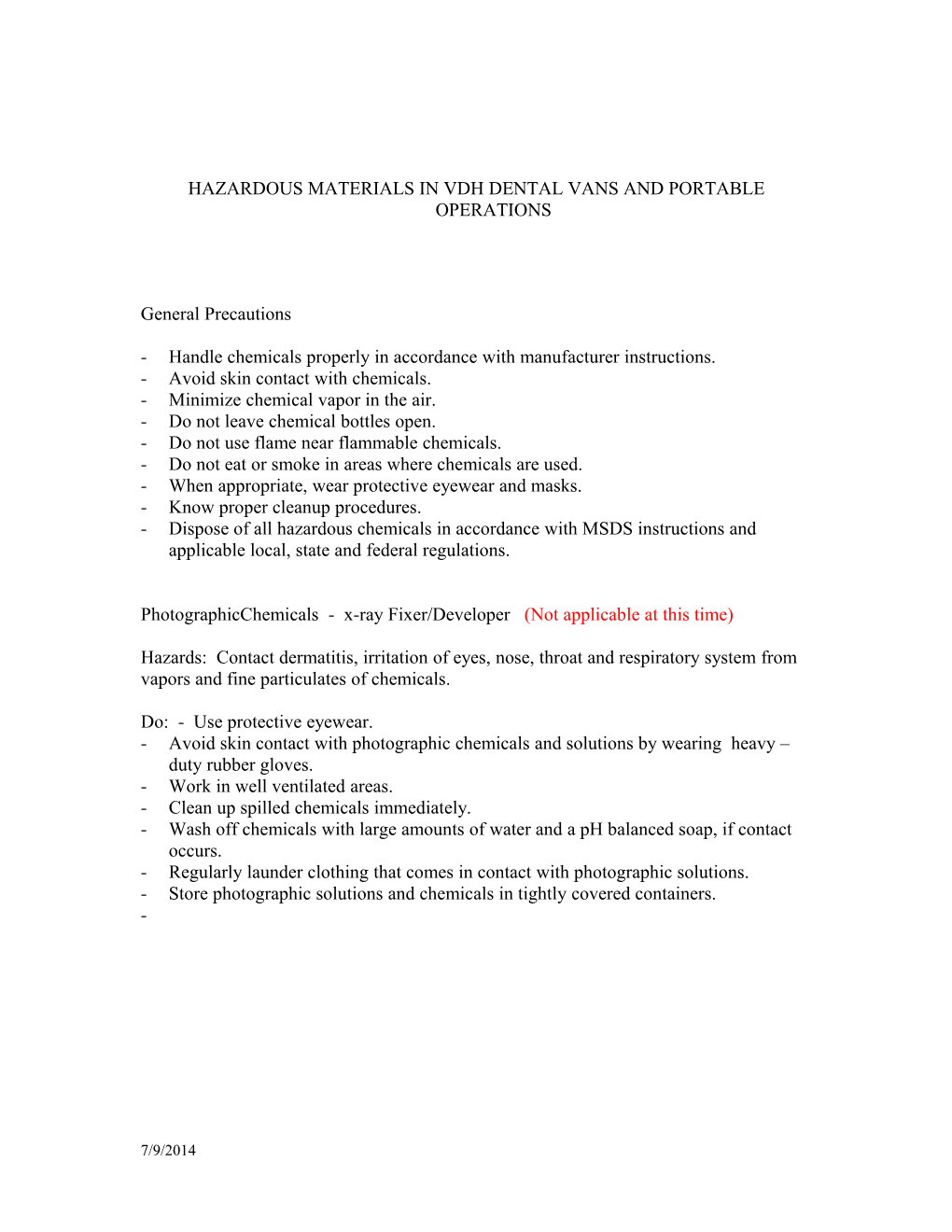 Hazardous Materials in Vdh Dental Vans and Portable Operations