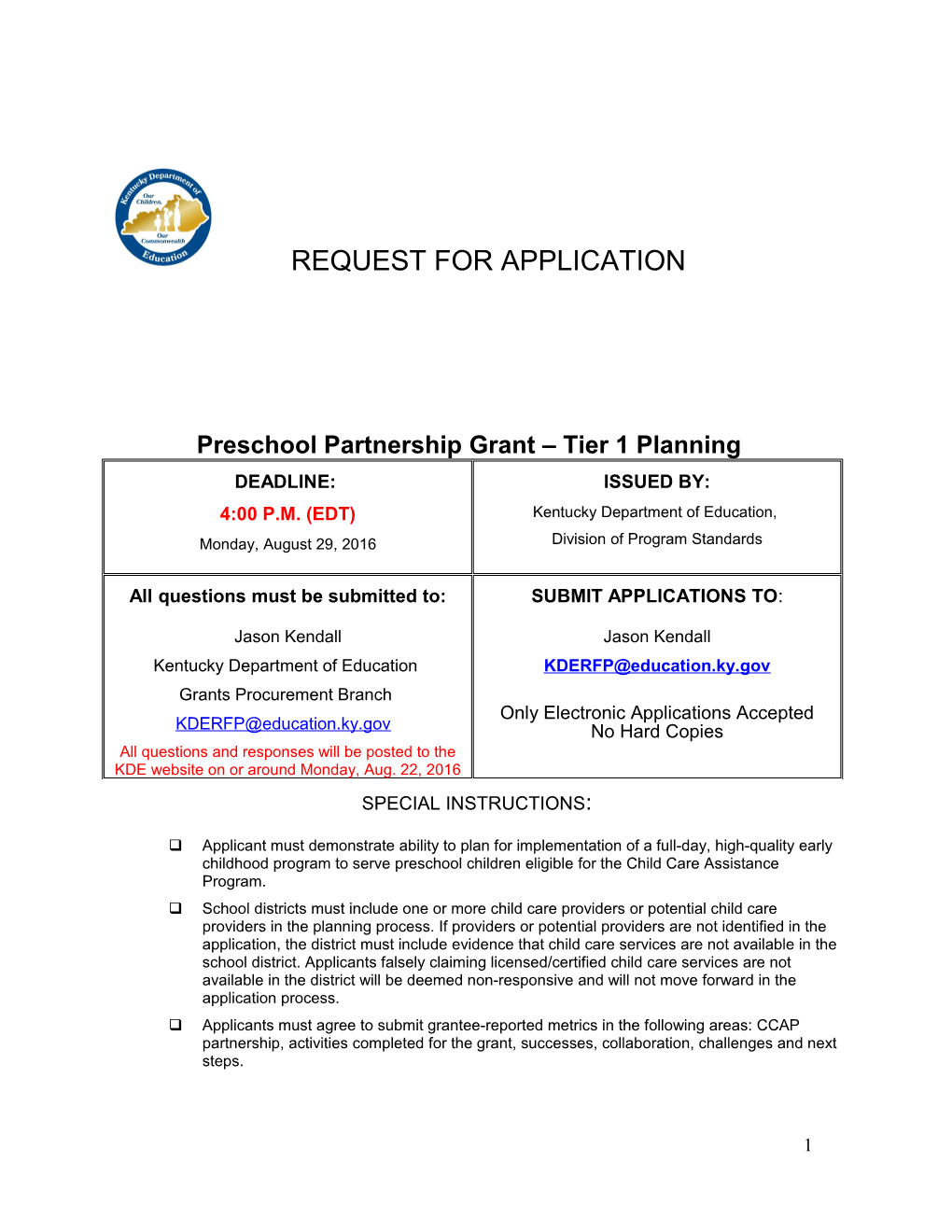 Preschool Partnership Grant Tier 1 Planning Request for Application DRAFT