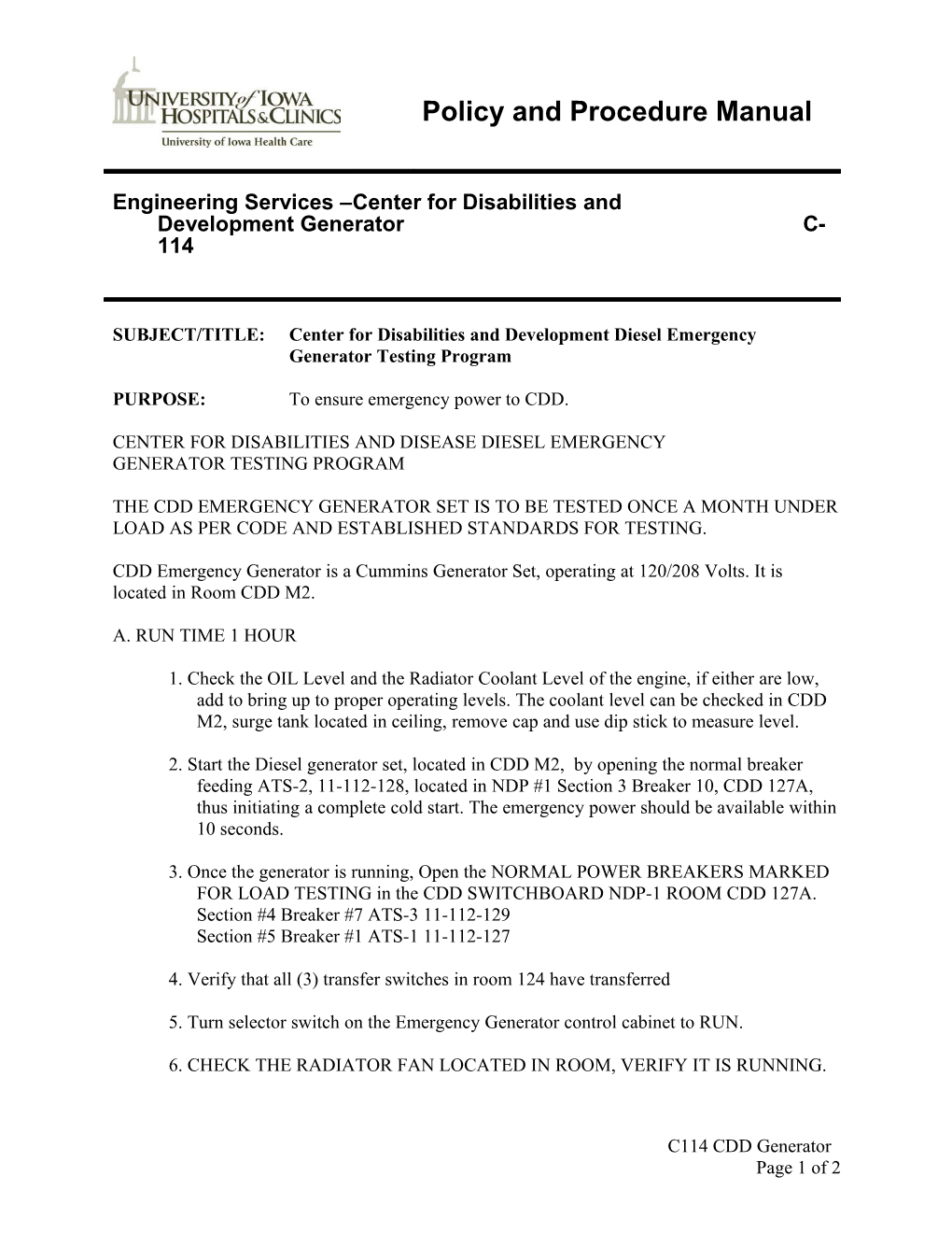 Center for Disabilities and Disease Diesel Emergency Generator Testing Program