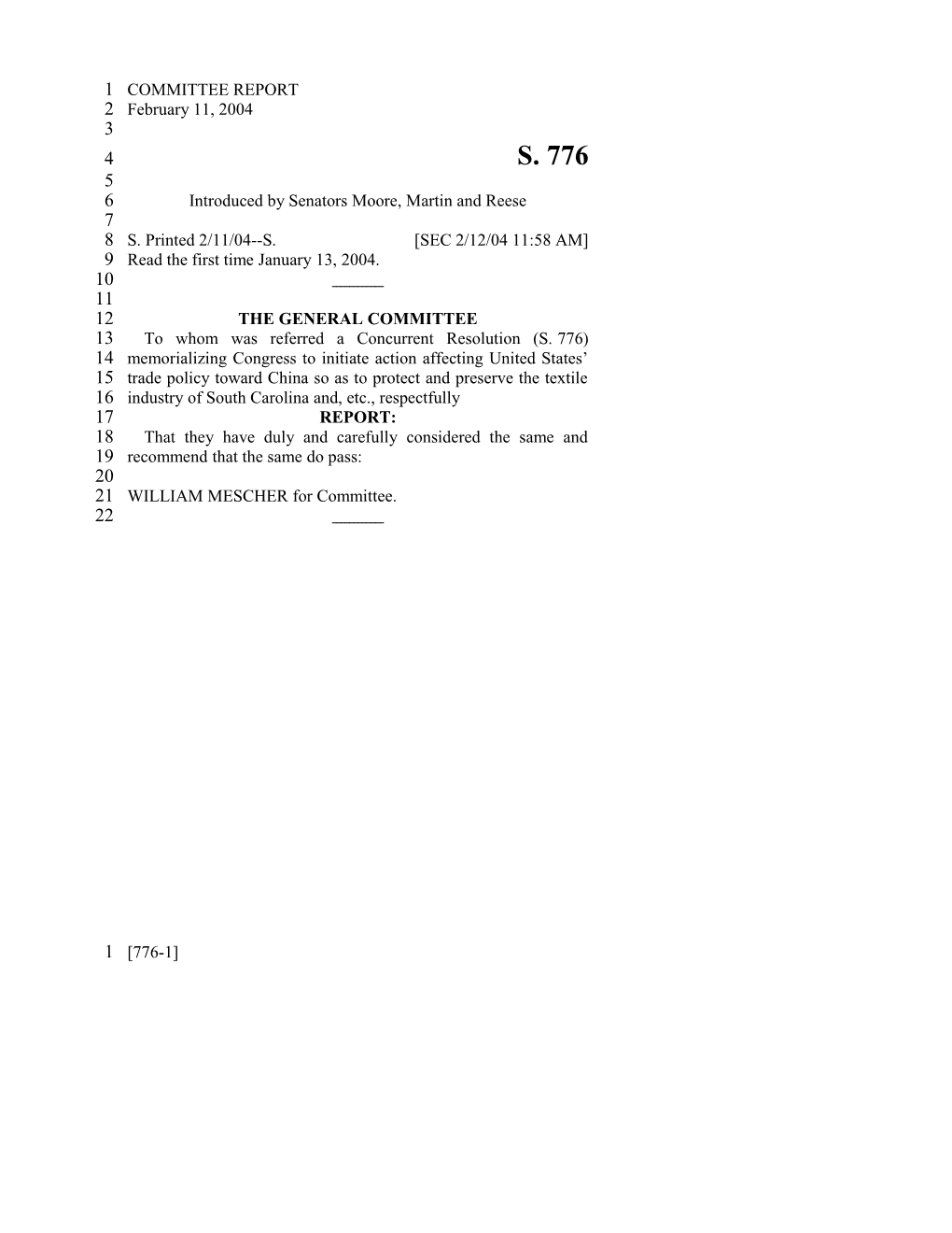 2003-2004 Bill 776: Textiles, NAFTA - South Carolina Legislature Online