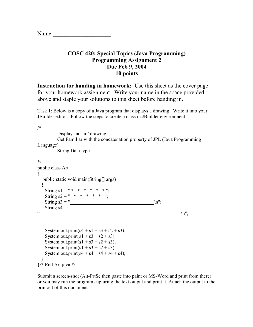 COSC 420: Special Topics (Java Programming)