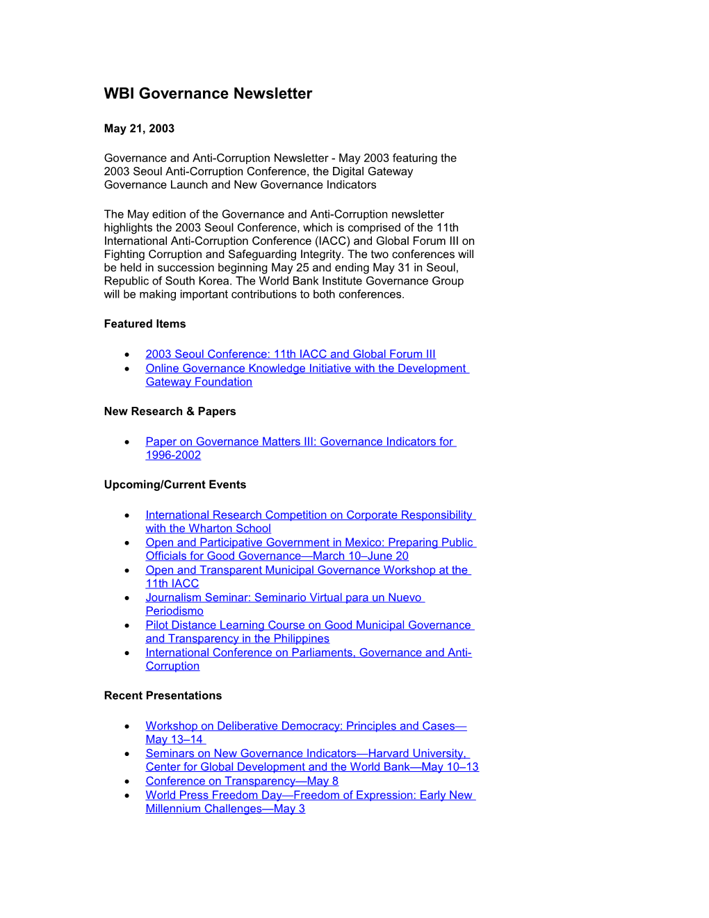 2003 Seoul Conference: 11Th IACC and Global Forum III