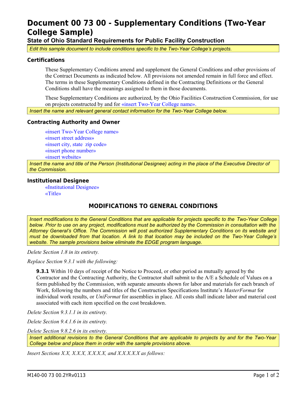Document 007300Supplementary Conditions (Two-Year College Sample)