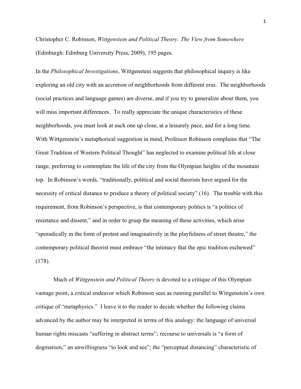 Christopher C. Robinson, Wittgenstein and Political Theory: the View from Somewhere (Edinburgh