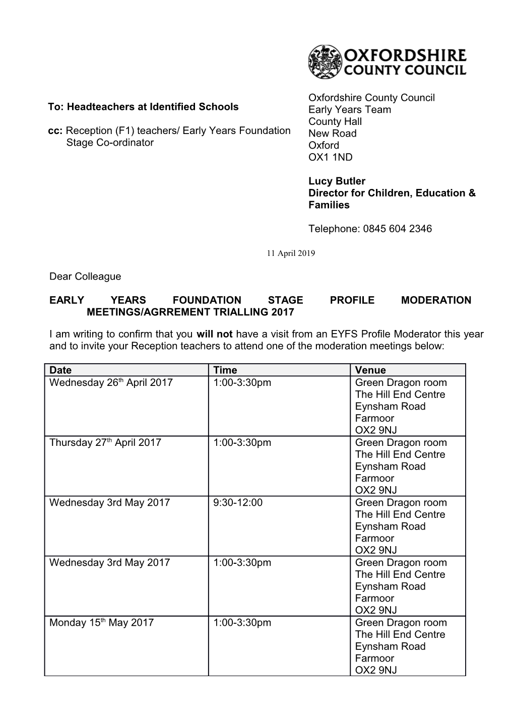 Early Years Foundation Stage Profile Moderation Meetings/Agrrement Trialling 2017