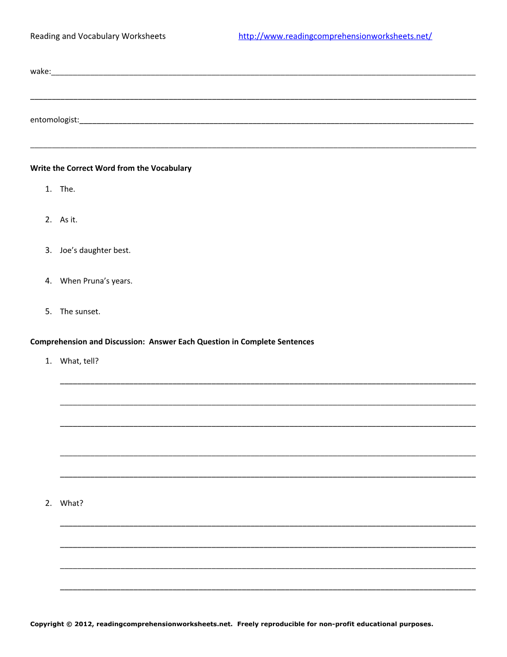 Reading and Vocabulary Worksheets